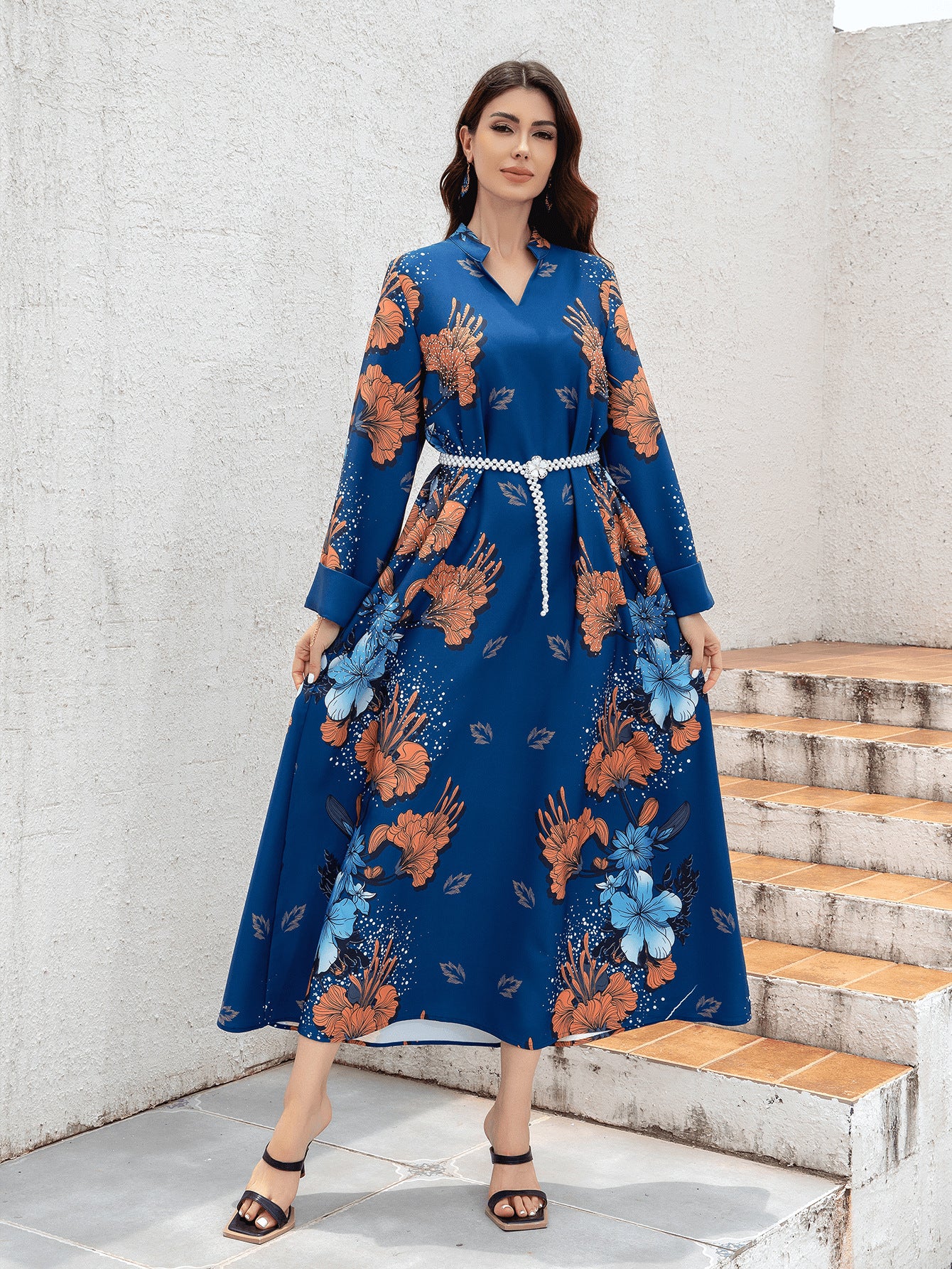 Navy Floral Print Pearl Belt Maxi Abaya Dress - Plus Size Modest
