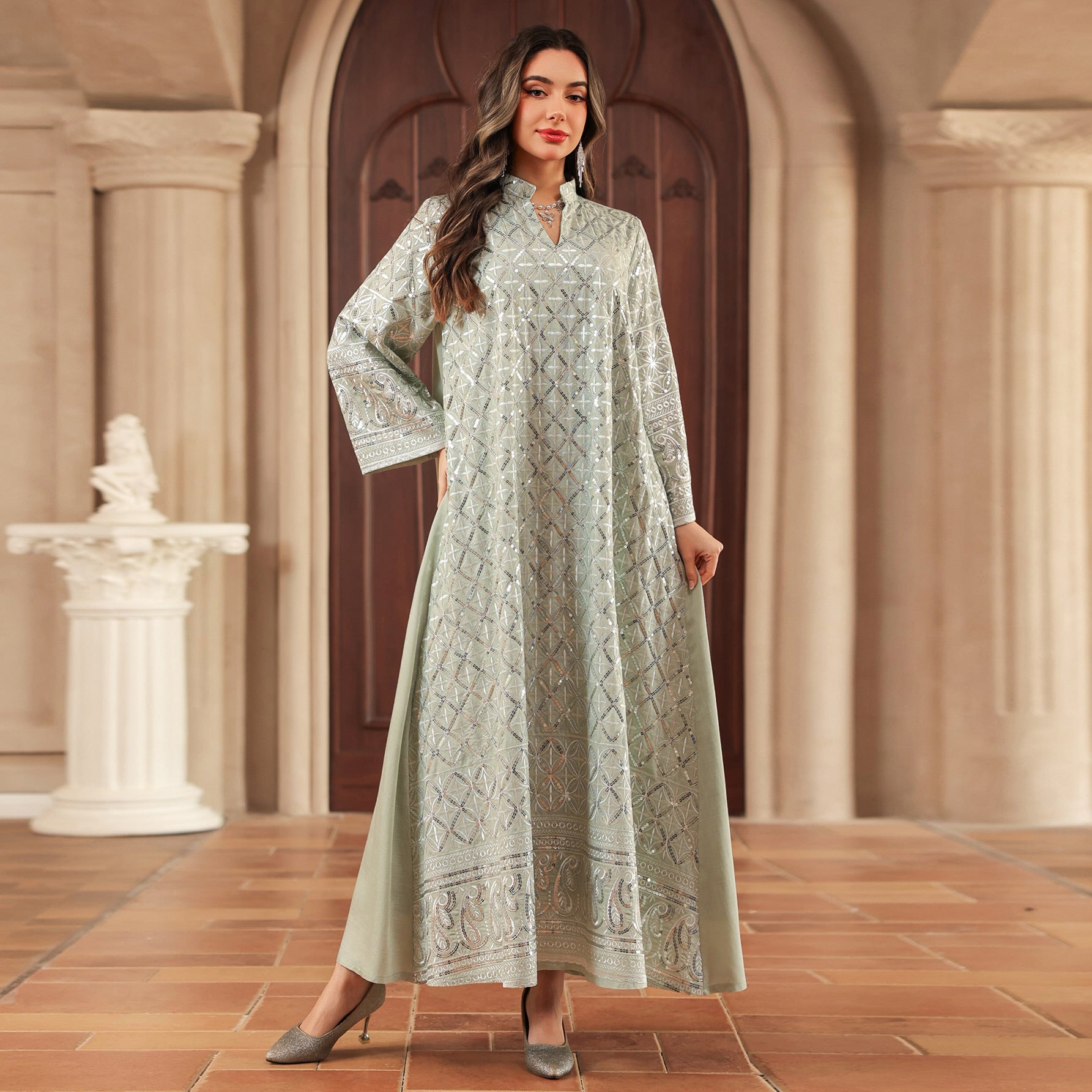 3 Colors Sequin Diamond Embroidery Abaya Women Stand Collar V Notch Flare Sleeve Maxi Kaftan Luxury Modest Long Dress For Eid Ramadan Wedding Party