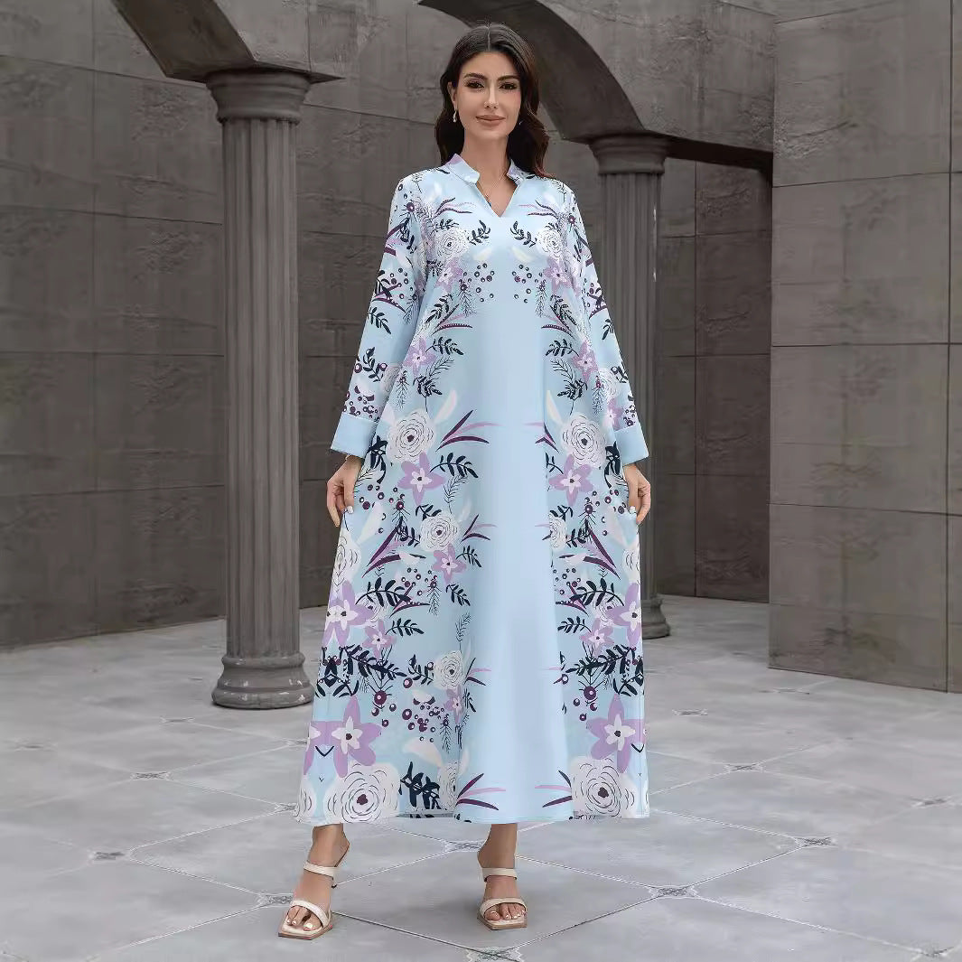 Light Blue Floral Print Modest Jalabiya Abaya Dress - Plus Size Maxi