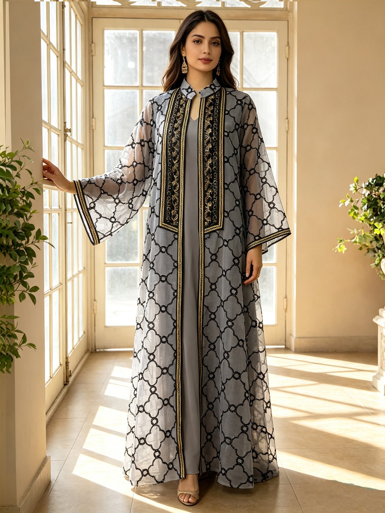 Grey and Black Heavy Embroidered Mesh Open Cardigan Two-Piece Maxi Set