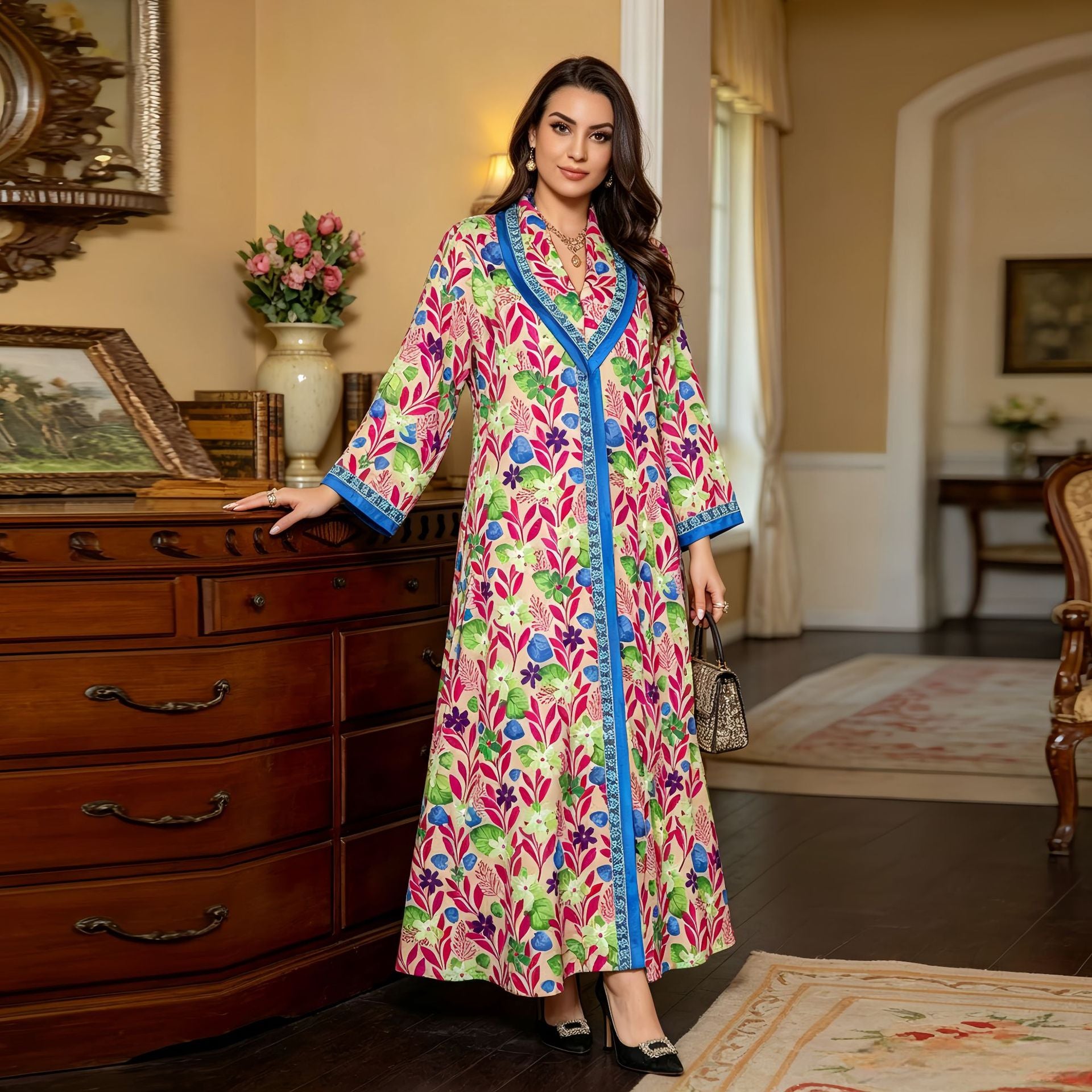 Green and Blue Floral Print Rhinestone Pullover Maxi Dress - Plus Size Casual