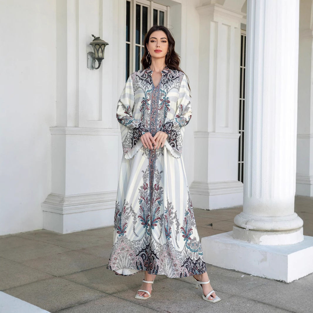 White Floral Print Mandarin Collar Rhinestone Embroidered Maxi Abaya