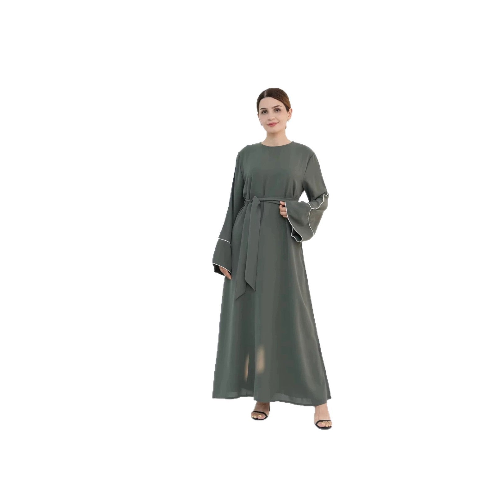Coffee and Green Tie-Waist Maxi Abaya Dress with Belt