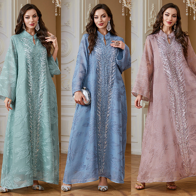 3 Colors Leaf Jacquard Hand Beaded Abaya Women Stand Collar V Notch Flare Sleeve Maxi Jalabiya Luxury Embellished Kaftan Lightweight Modest Gown For Eid Mubarak Ramadan Wedding Evening Party
