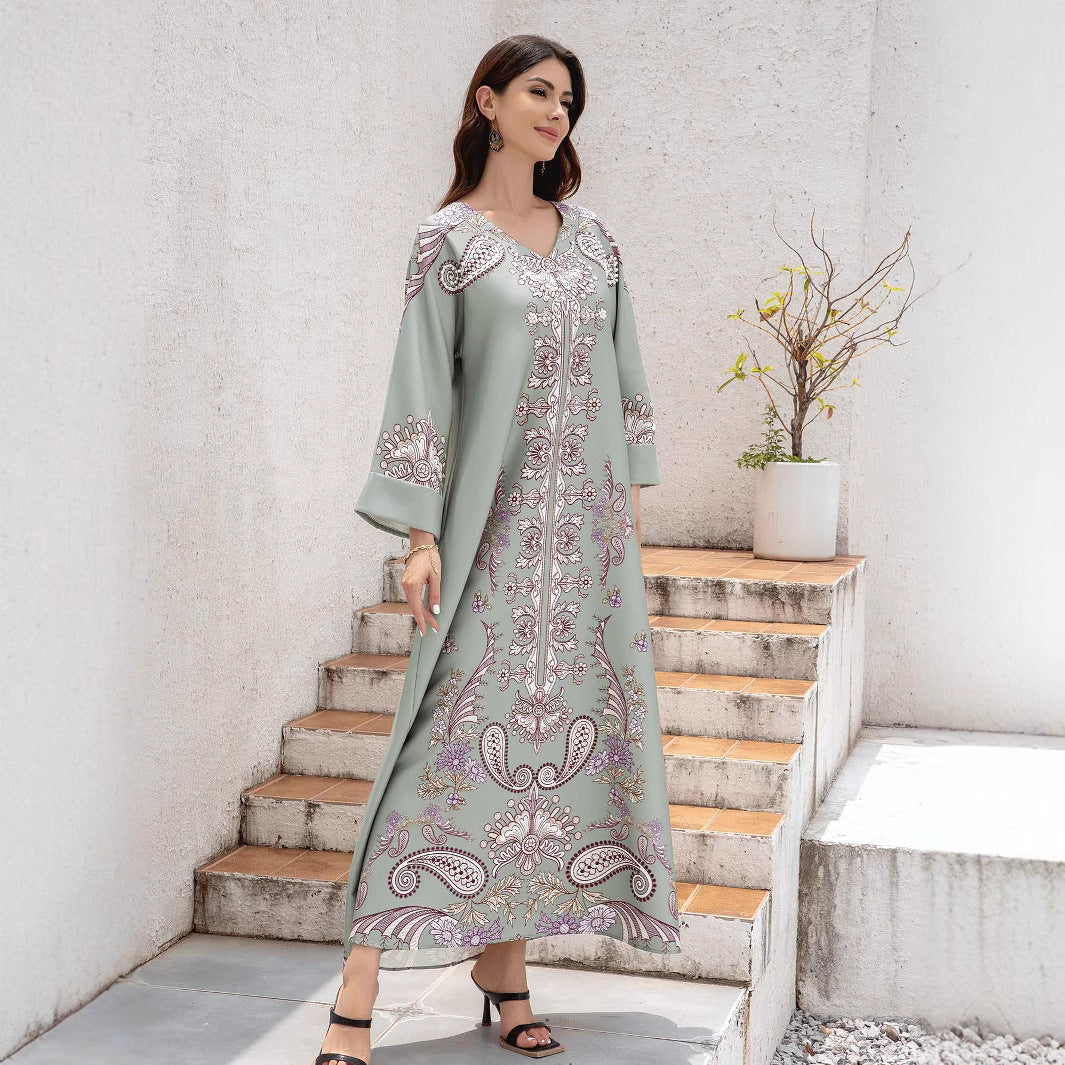 Silver Rhinestone V-Neck Printed Abaya Dress - Turn-Back Sleeve Modest Maxi