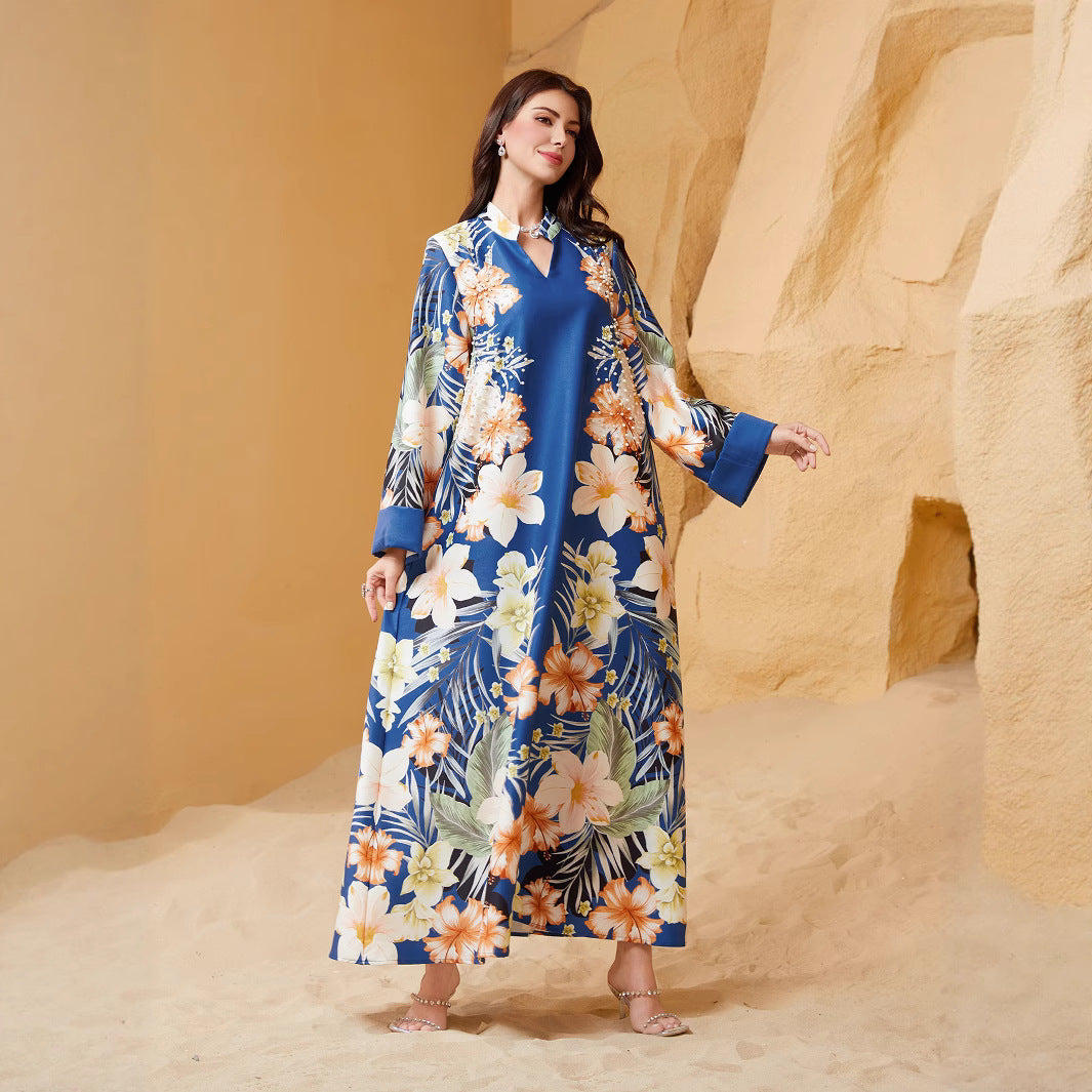 Blue Apricot Purple Printed Abaya - Plus Size European Long Robe