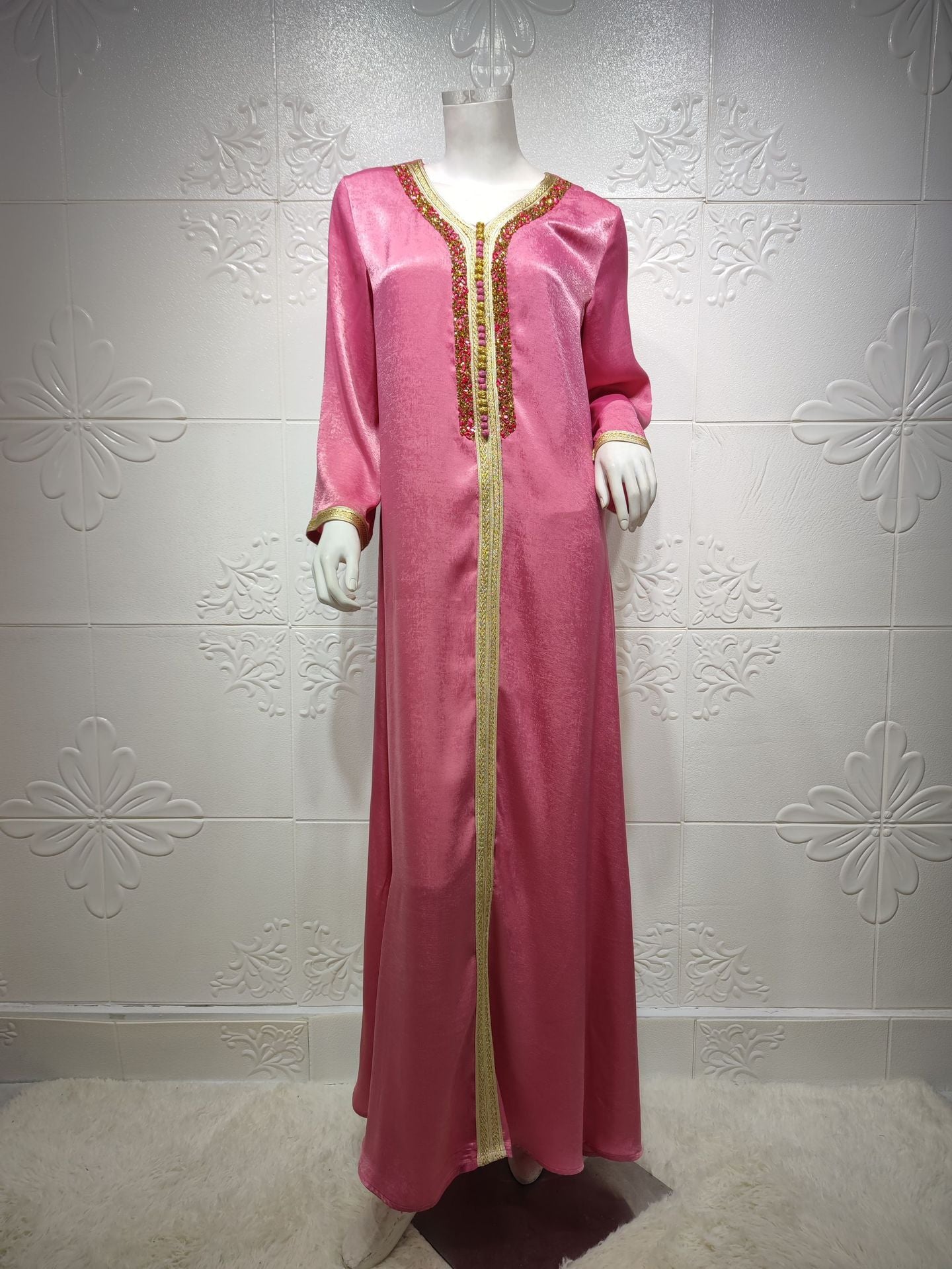 Moroccan Velvet Rhinestone Patchwork Ribbon Trim Plus Size Modest Maxi Dress