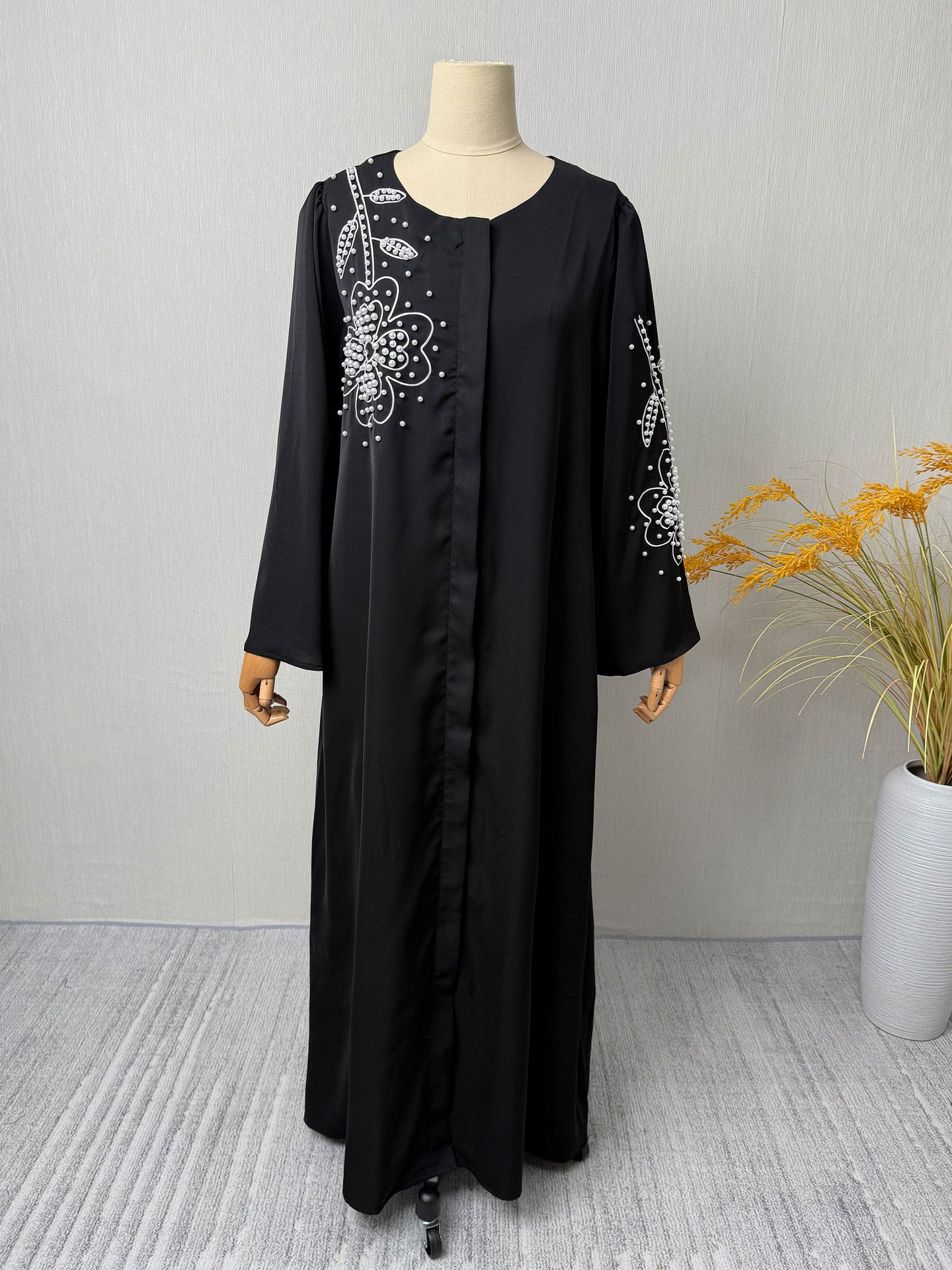 Black Zippered Embroidered Open Outerwear Maxi Abaya Dress Jalabiya Modest Long Dress for Eid Ramadan Evening Party Gown S-XXL