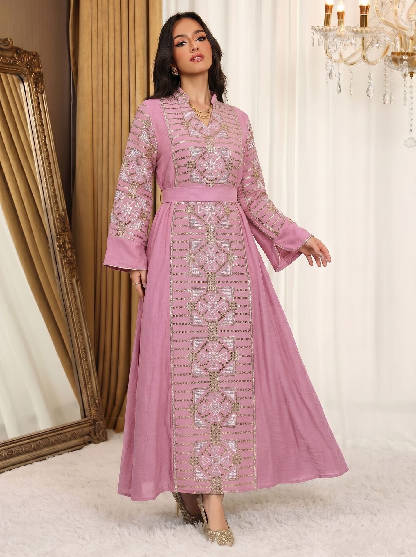 Gold Thread Sequin Embroidered Luxury Gown Jalabiya Modest Long Maxi Evening Dress for Muslim Women Eid Ramadan S-XXL
