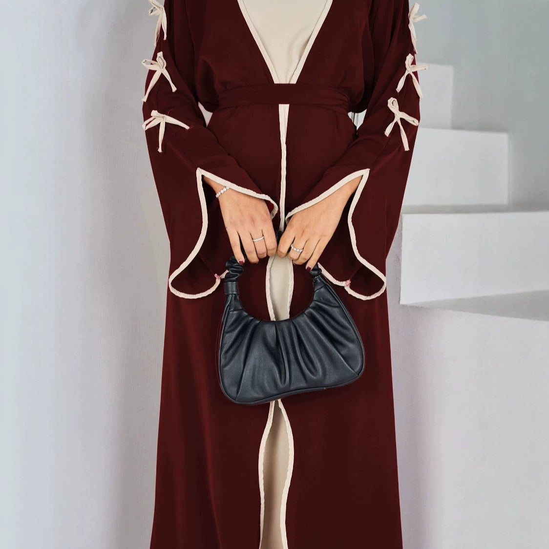 Wine Red Trim Long Open Cardigan Maxi Abaya with Belted Sleeves