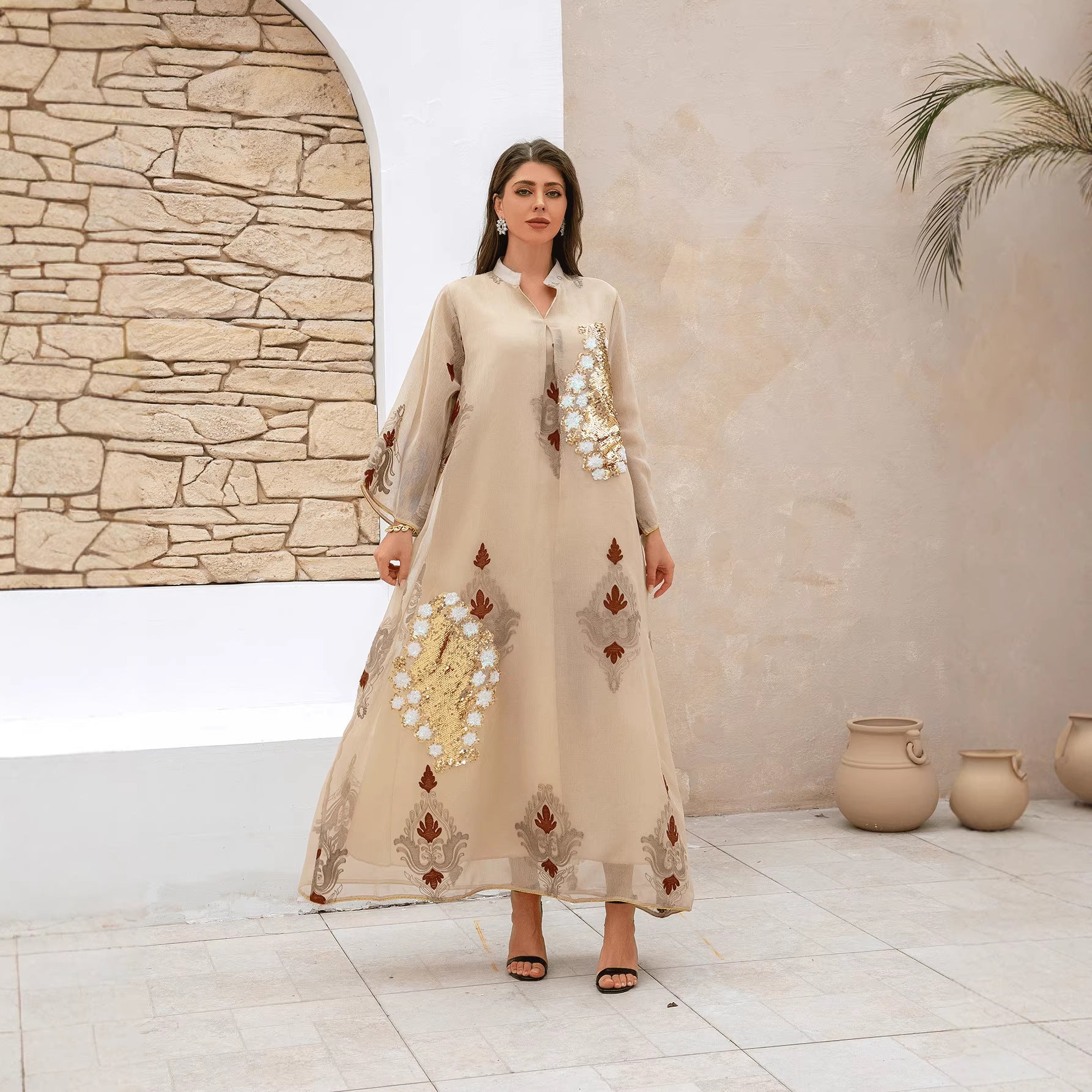 2026 Reels Distinctive Appliqué Couture Abaya Light Apricot Sheer Organza Vintage Botanical Print Tiny Mandarin Stand Collar 3D Gold Ivory Sequin Statement Appliqué Draped Long Sleeve Floor-Grazing Unfitted Cut Exclusive Khaleeji Studio Fit For Gulf
