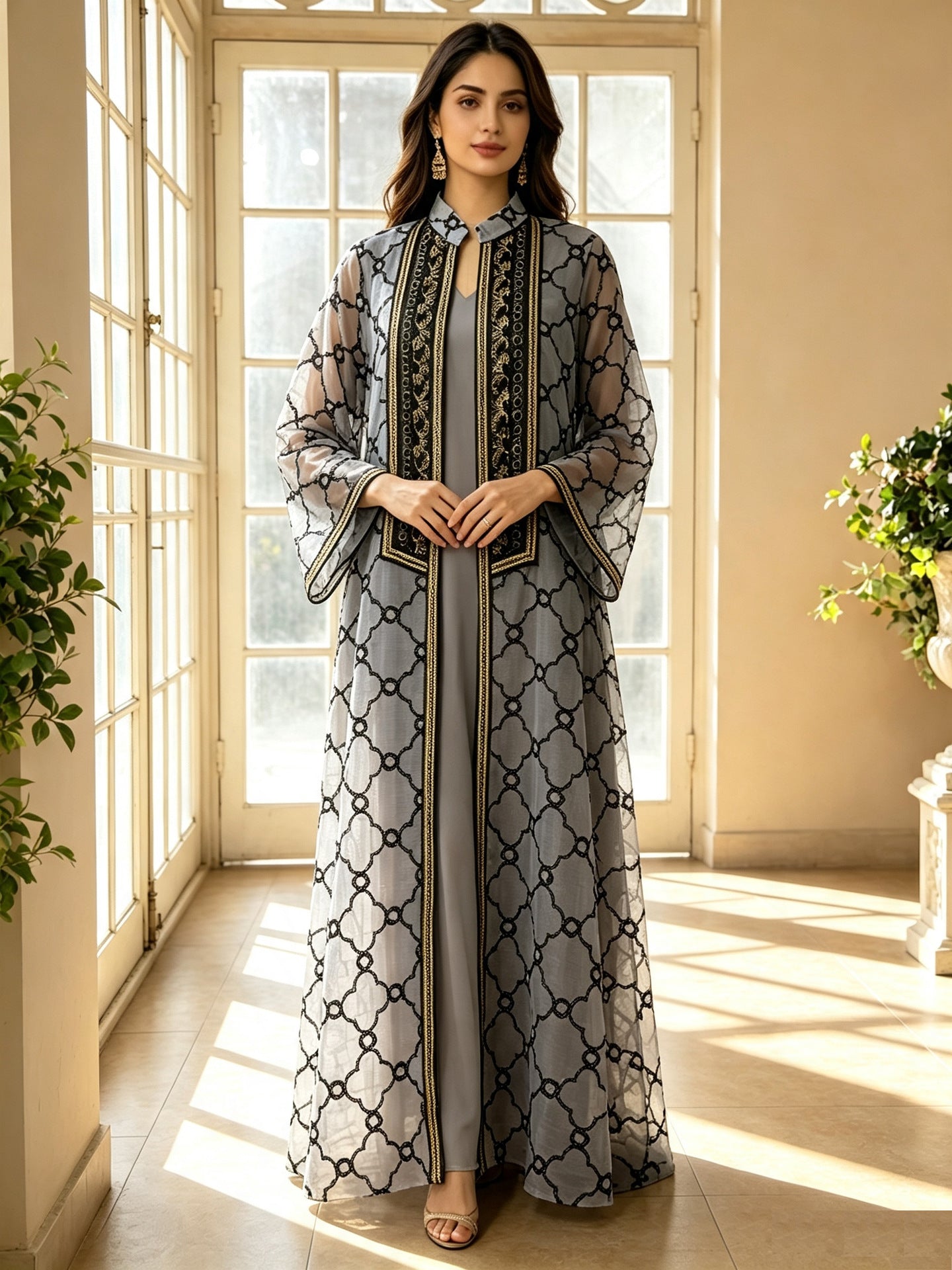 Grey and Black Heavy Embroidered Mesh Open Cardigan Two-Piece Maxi Set