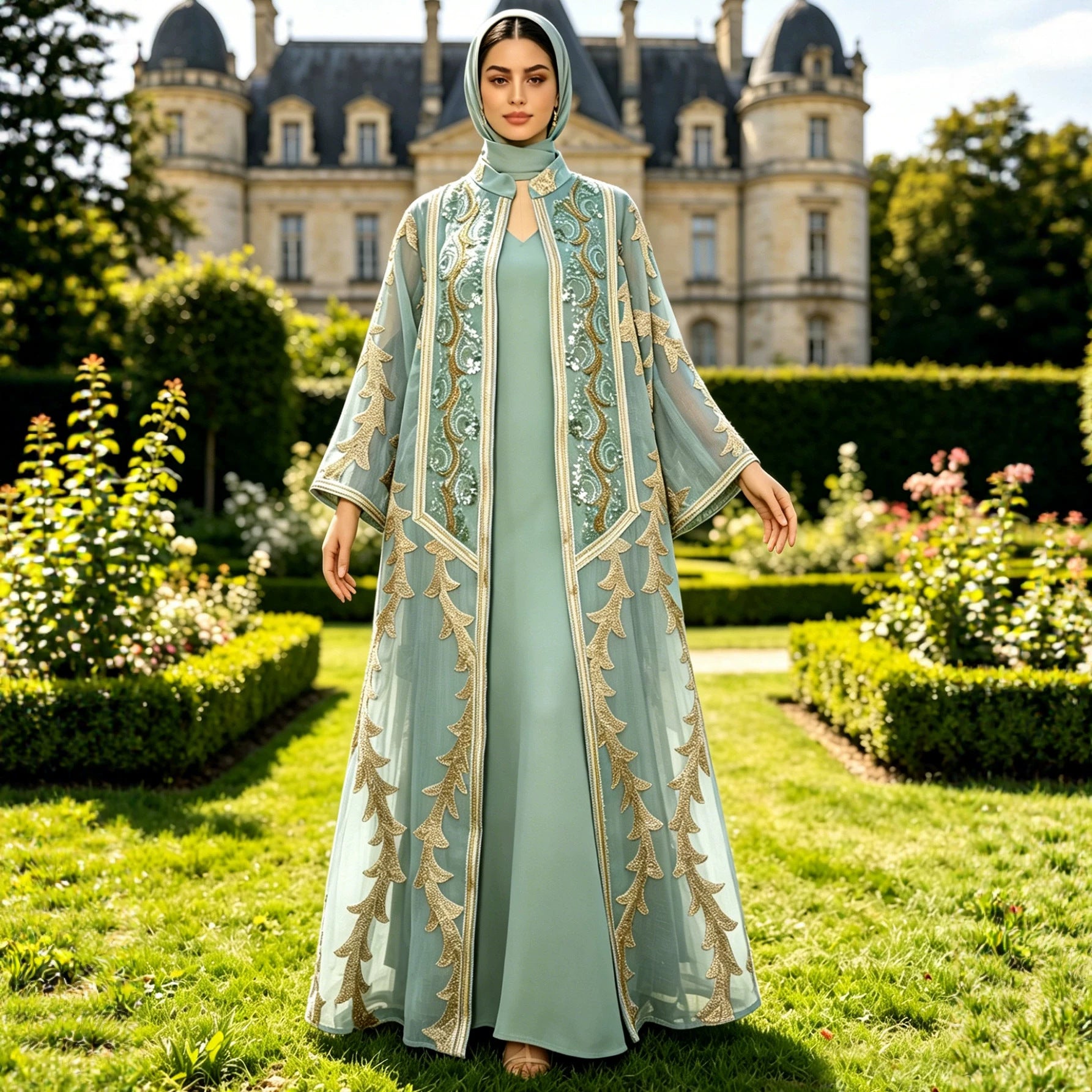 Beaded Sequin Embroidered Two-Piece Set Jalabiya Long Maxi Dress for Eid Ramadan Evening Party Gown S-XXL