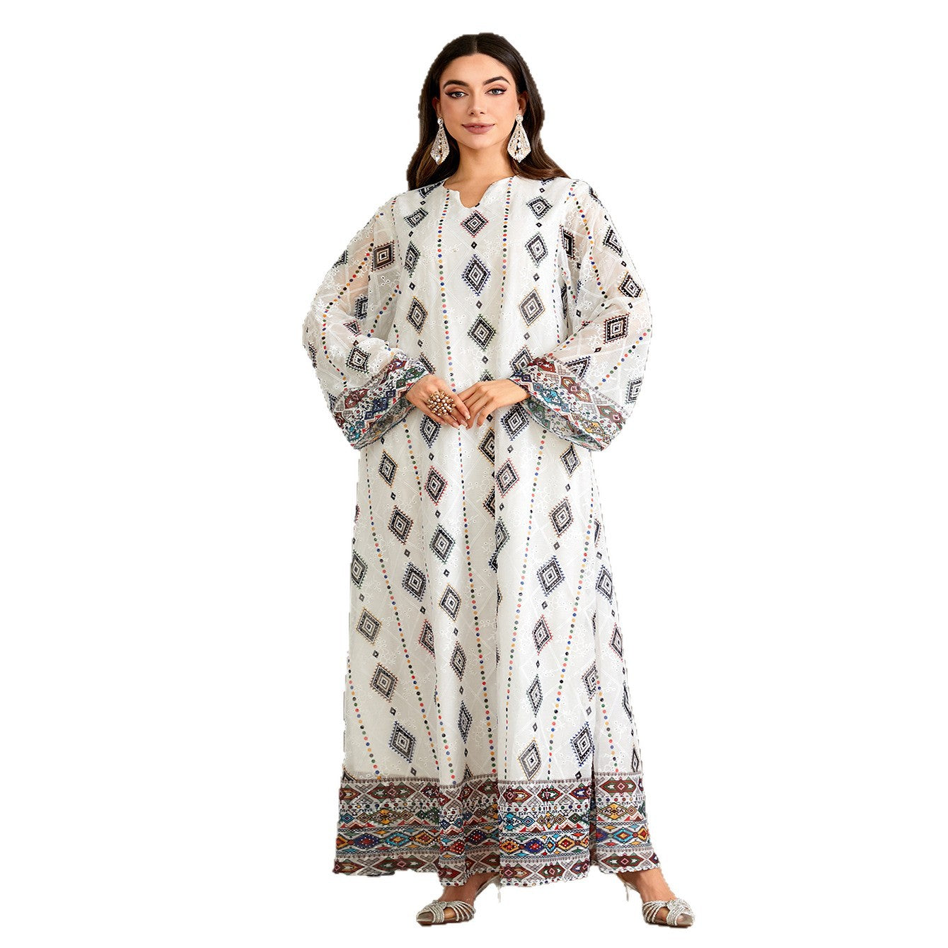 Embroidered Geometric Diamond Print V-Neck Gown Jalabiya Modest Loose Maxi Dress for Muslim Women Eid Ramadan S-XXL