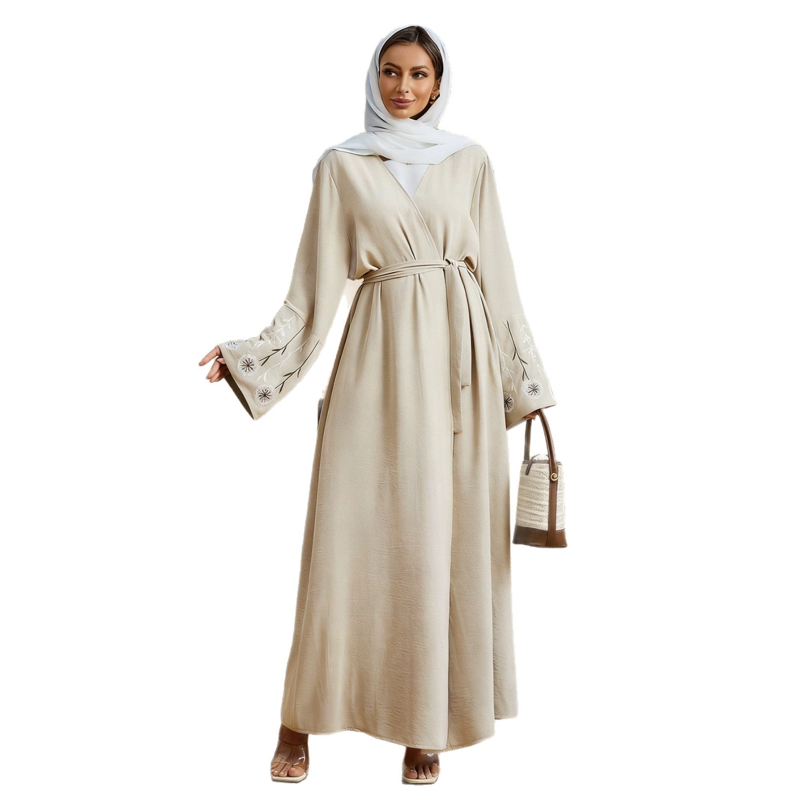 Elegant Belted Embroidered Open Cardigan Modest Maxi Dress with Hijab Muslim Women Abaya Jalabiya Kaftan Set for Ramadan