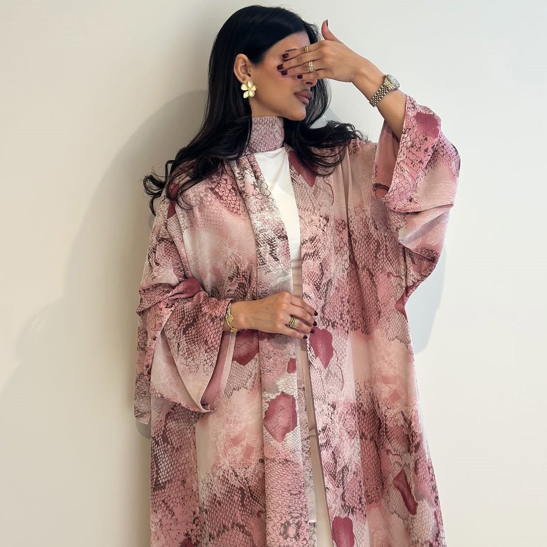 Pink Chiffon Floral Print Open Outerwear Maxi Dress with Hijab Two-Piece Set