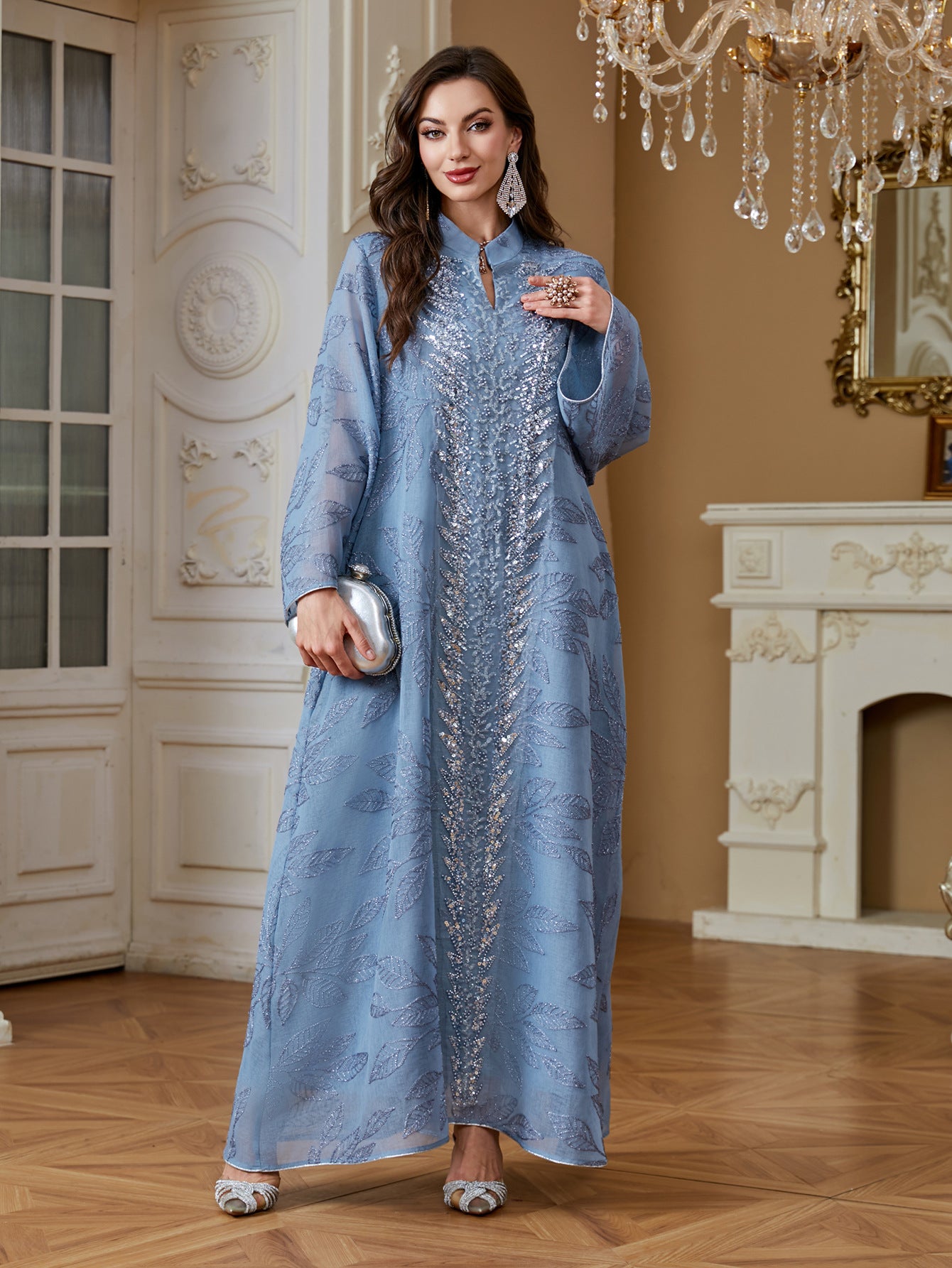 3 Colors Leaf Jacquard Hand Beaded Abaya Women Stand Collar V Notch Flare Sleeve Maxi Jalabiya Luxury Embellished Kaftan Lightweight Modest Gown For Eid Mubarak Ramadan Wedding Evening Party