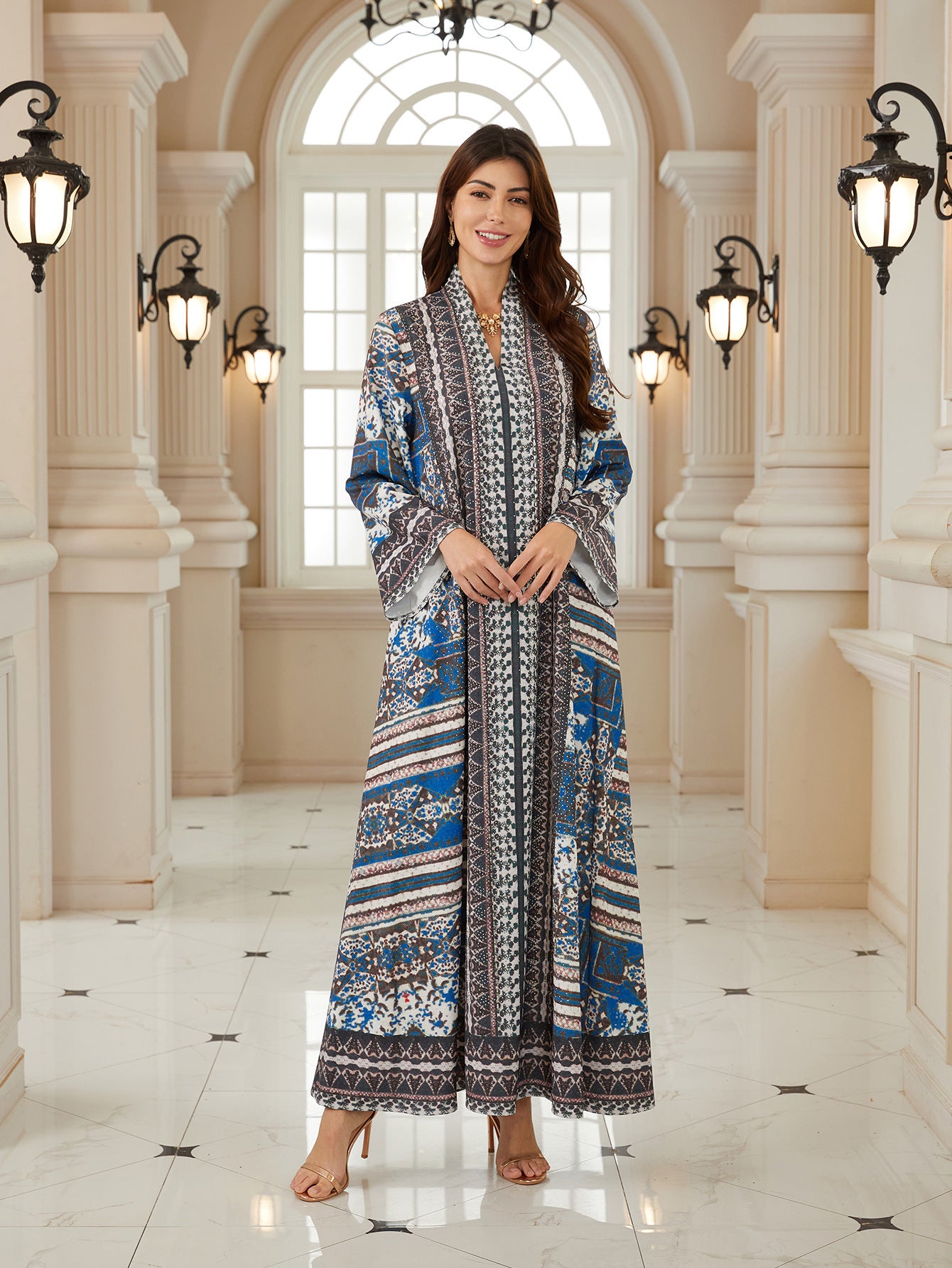 Stylish Grey Long-Sleeve Kaftan – Rhinestone Modest Maxi Dress
