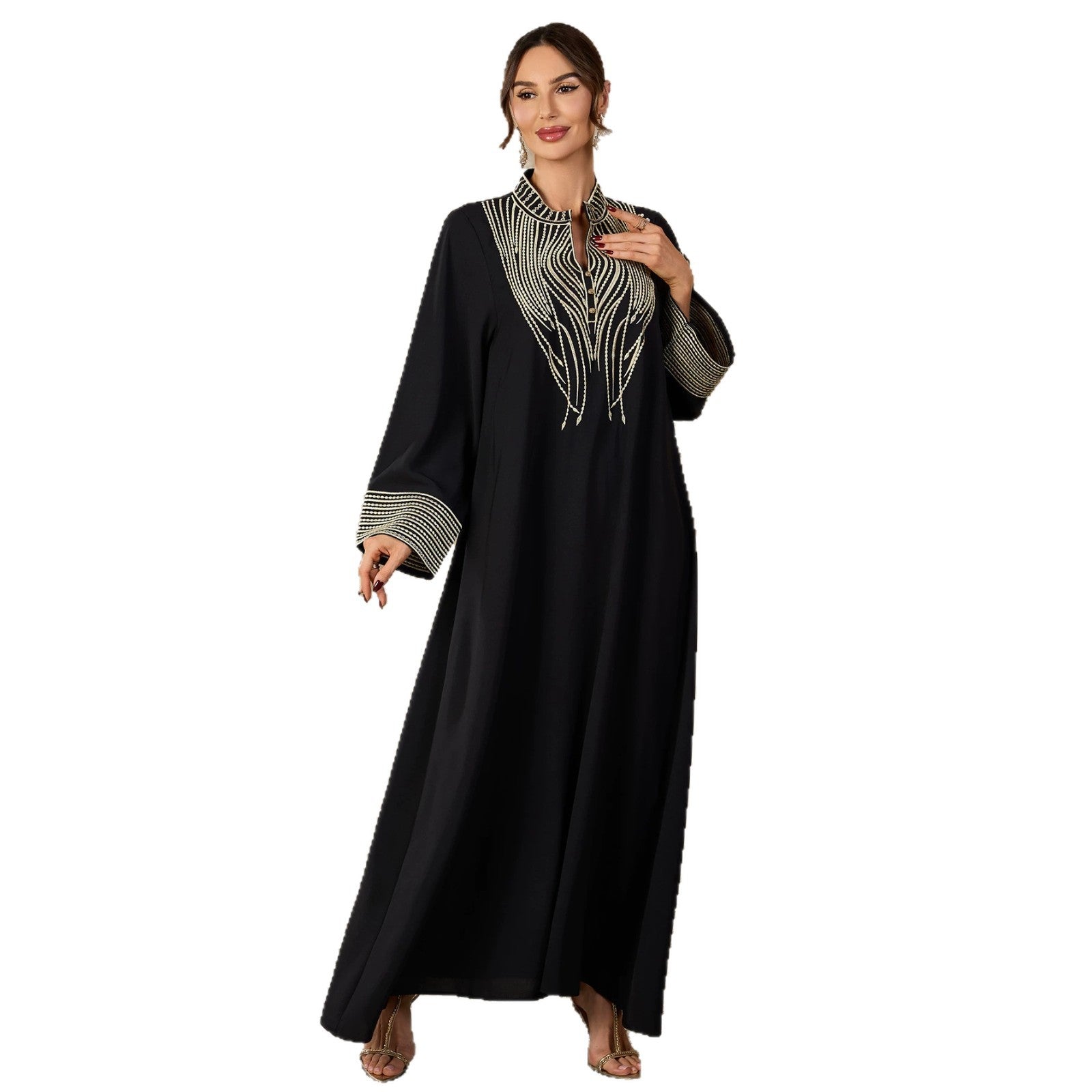 Wine Red and Black Embroidered Pullover V-Neck Maxi Abaya Dress