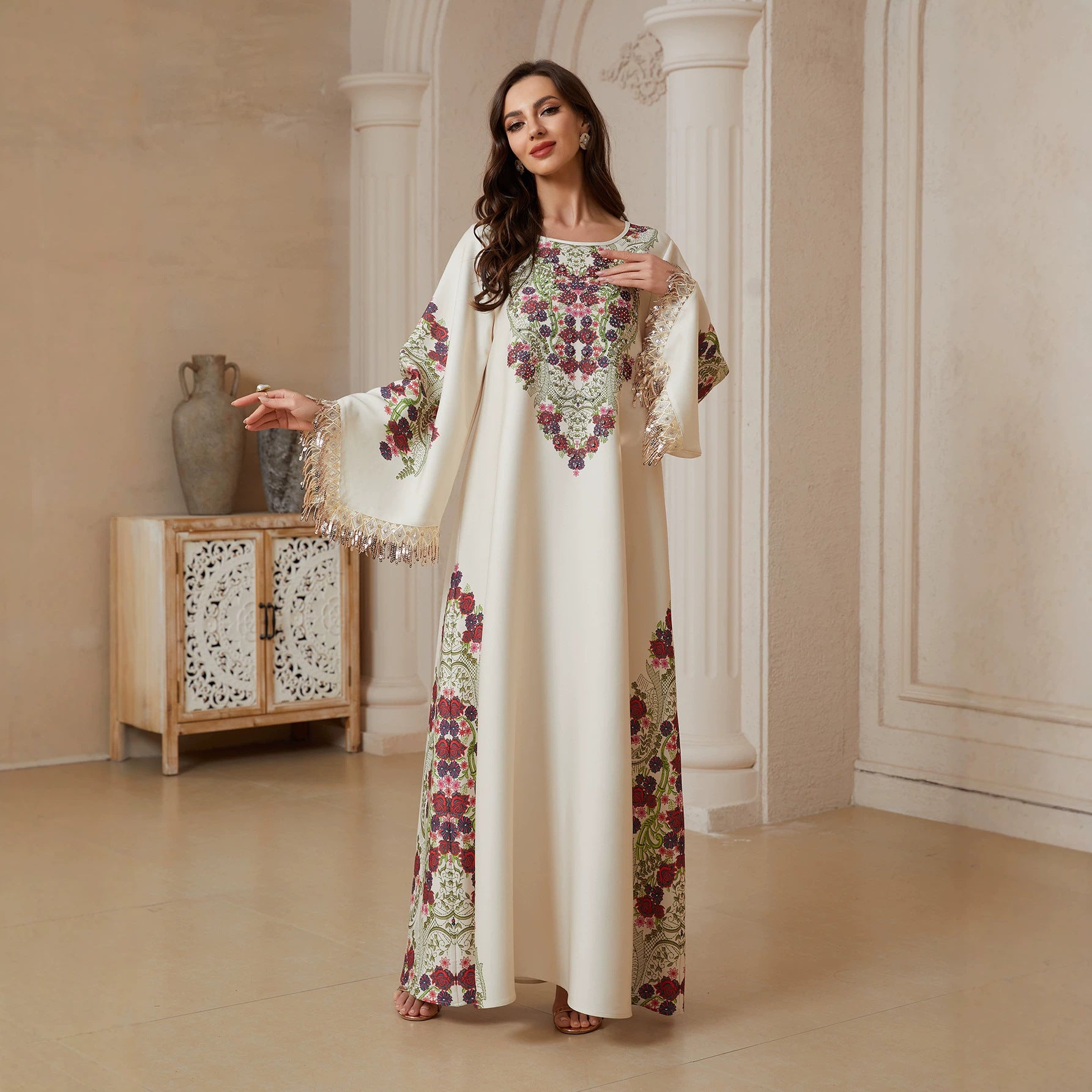 Round Neck Vintage Floral Print Jalabiya Women Gold Tassel Flare Sleeve Maxi Kaftan Loose Draped Modest Dress For Eid Mubarak Ramadan Casual Party Holiday Outfit