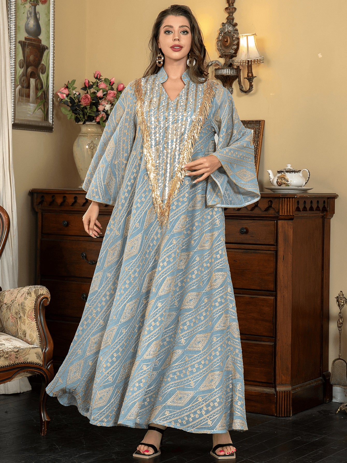 Gold Tassel Sequin Geometric Print Abaya For Women Stand Collar Bell Wide Sleeve Dubai Luxury Mesh Muslim Kaftan Modest Maxi Dress For Eid Ramadan Wedding Evening Party