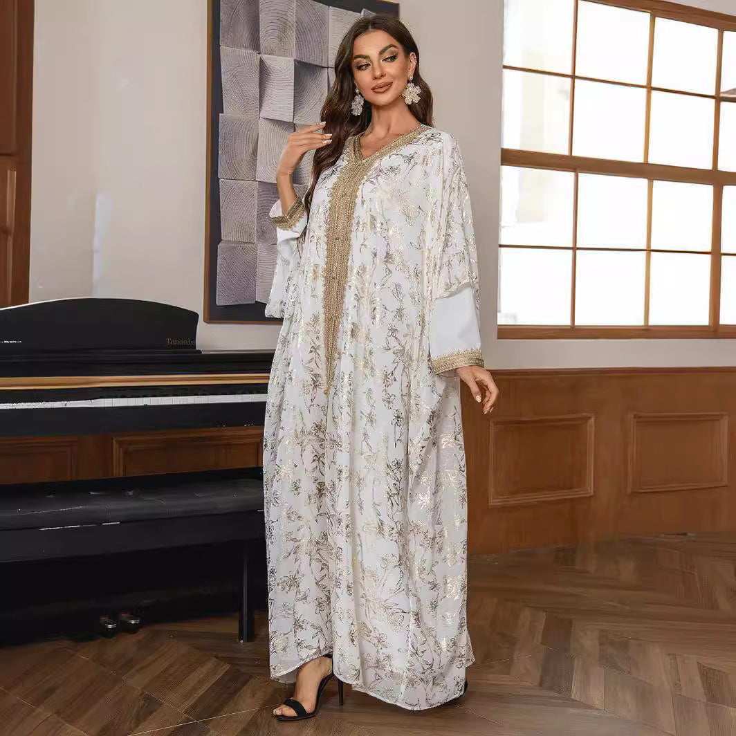 2026 Premium Soft Floral Handcrafted Modest Outer Tunic Light Grey Airflow Chiffon Full Pale Tiny Blossom Printed Open Front Robe V Notch Neck Adjustable Waist Tie Gentle Flare Swing Floor Silhouette Exclusive Pan-Arab Malay Craft Single Layer Cut Fo