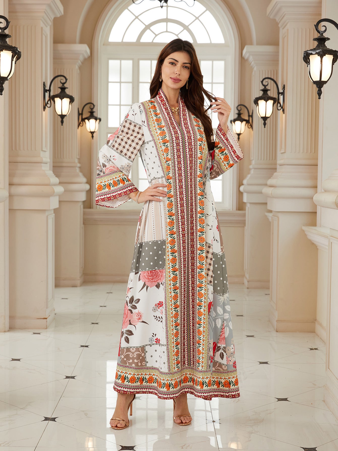 Elegant Floral V-Neck Abaya – Rhinestone Modest Maxi Dress