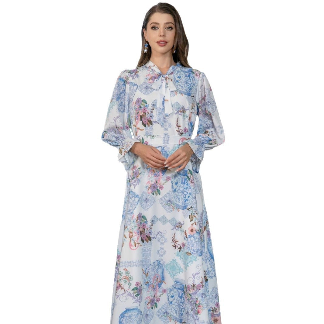 Sky Blue Slim Fit Abaya - Printed Modest Long Dress for Women