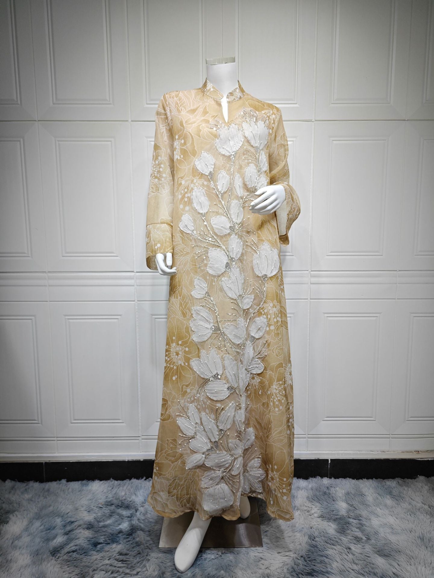 Luxury 3 Colors 3D Flower Embroidery Rhinestone Abaya Stand Neck Wide Flare Sleeve Oversized Maxi Dress For Holiday Special Occasion