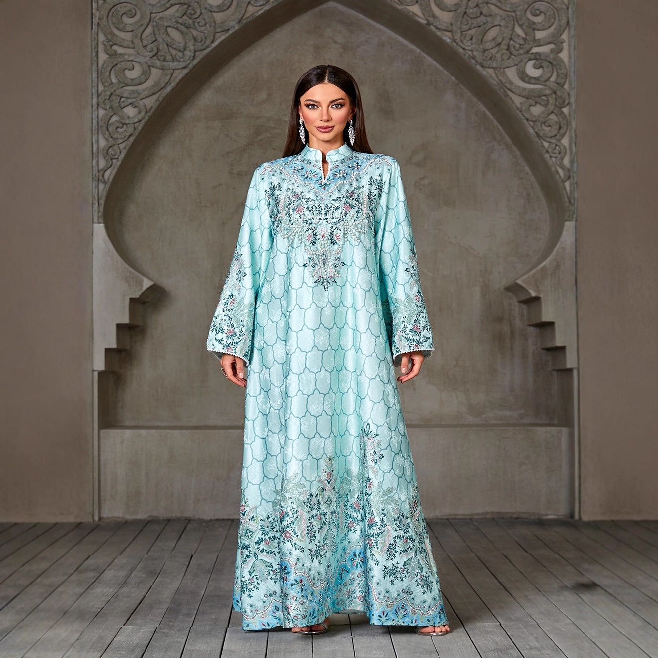 Jacquard Beaded Rhinestone Engineered Print Gown Jalabiya Modest Long Maxi Dress for Muslim Women Eid Ramadan S-XXL
