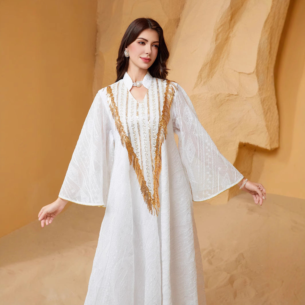 Gold Tassel Sequin Geometric Print Abaya For Women Stand Collar Bell Wide Sleeve Dubai Luxury Mesh Muslim Kaftan Modest Maxi Dress For Eid Ramadan Wedding Evening Party