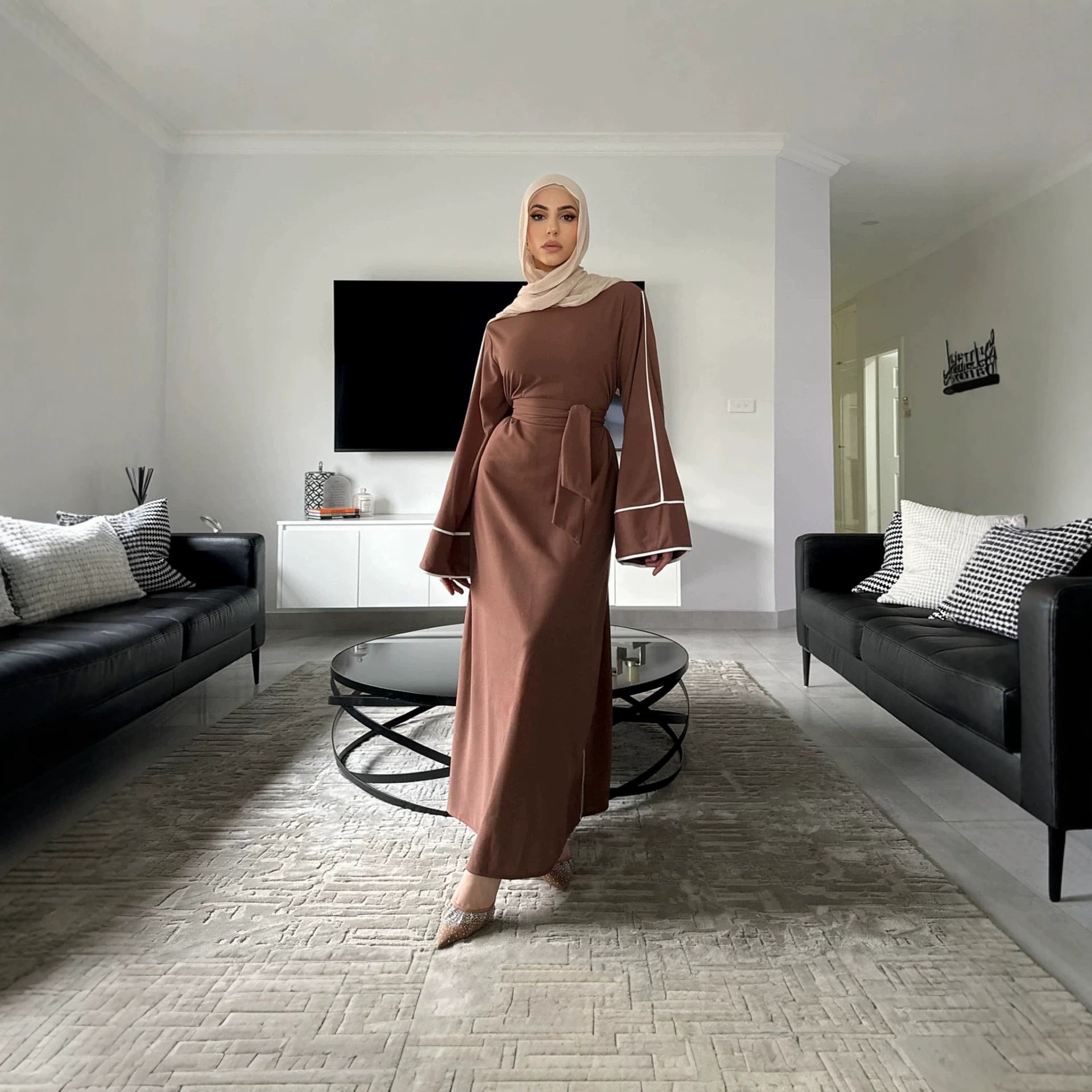 Coffee and Green Tie-Waist Maxi Abaya Dress with Belt
