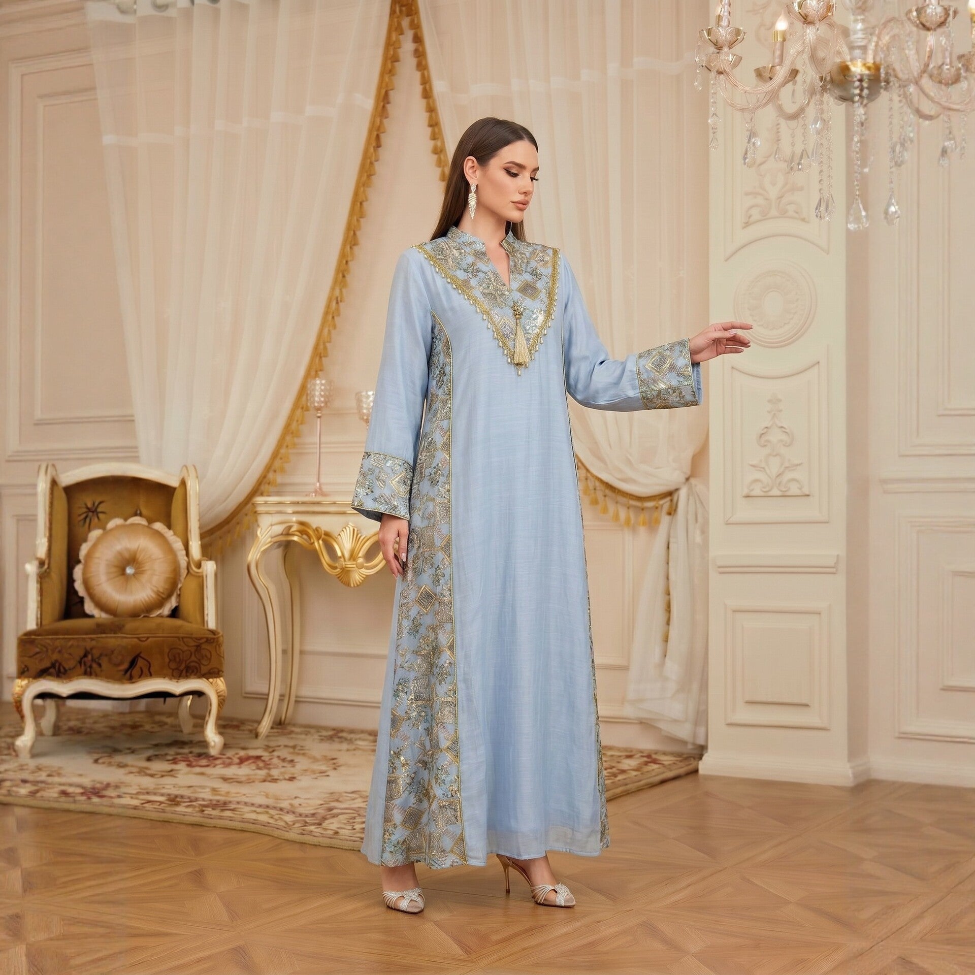 White Apricot Light Blue V-Neck Embroidered Pendant Evening Maxi Abaya