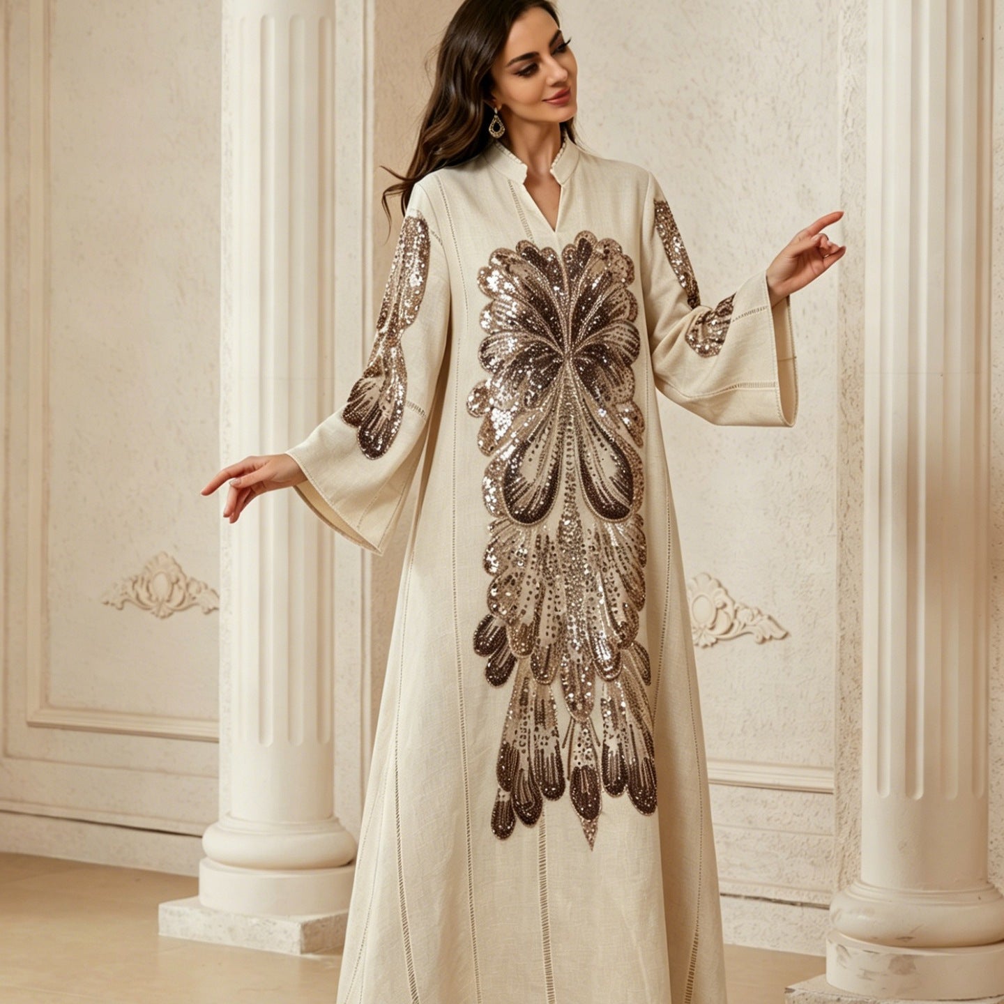 Peacock Feather Sequin Beaded Linen Abaya For Women Stand Split Collar Long Sleeve Dubai Luxury Muslim Kaftan Modest Maxi Dress For Eid Ramadan Wedding Party 3 Colors