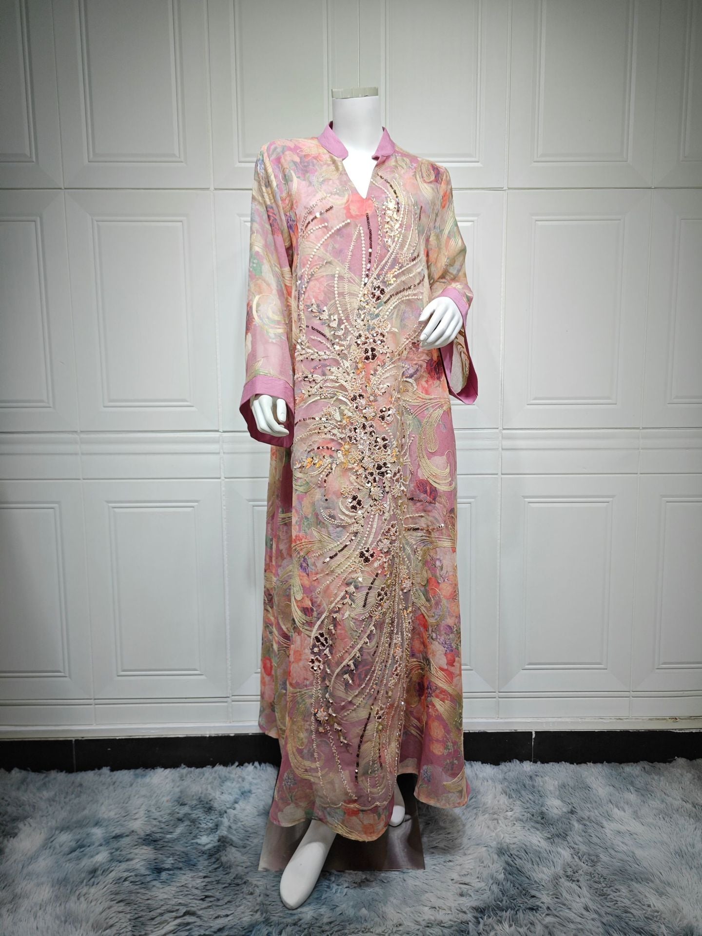2026 Luxury Floral Print Abaya Women Hand Beaded Rhinestone Long Kaftan Stand Collar Flare Sleeve Loose Maxi Dress For Wedding Party