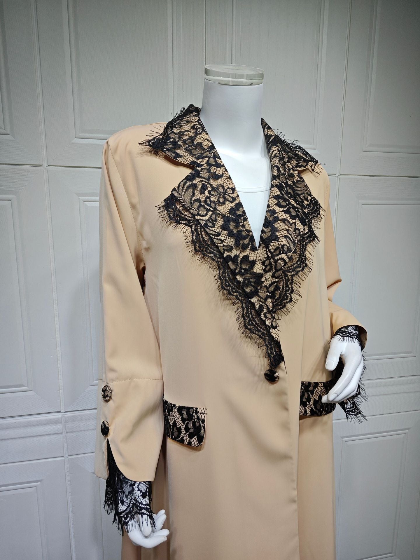 Apricot Lace Trim Open Front Long Sleeve Maxi Abaya Cardigan - Plus Size
