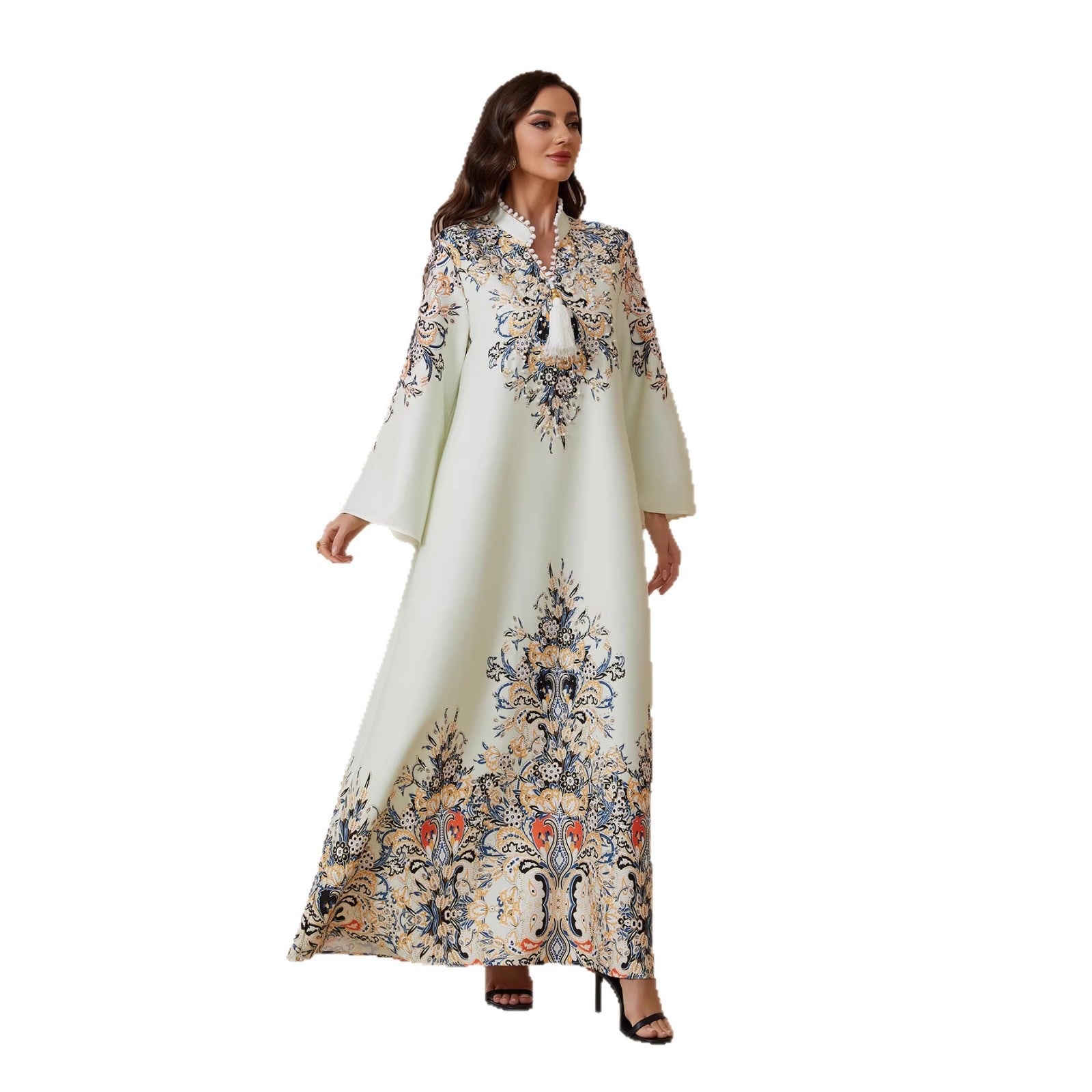 Modest Light Yellow Tassel A-Line Kaftan Maxi Abaya Eid Ramadan