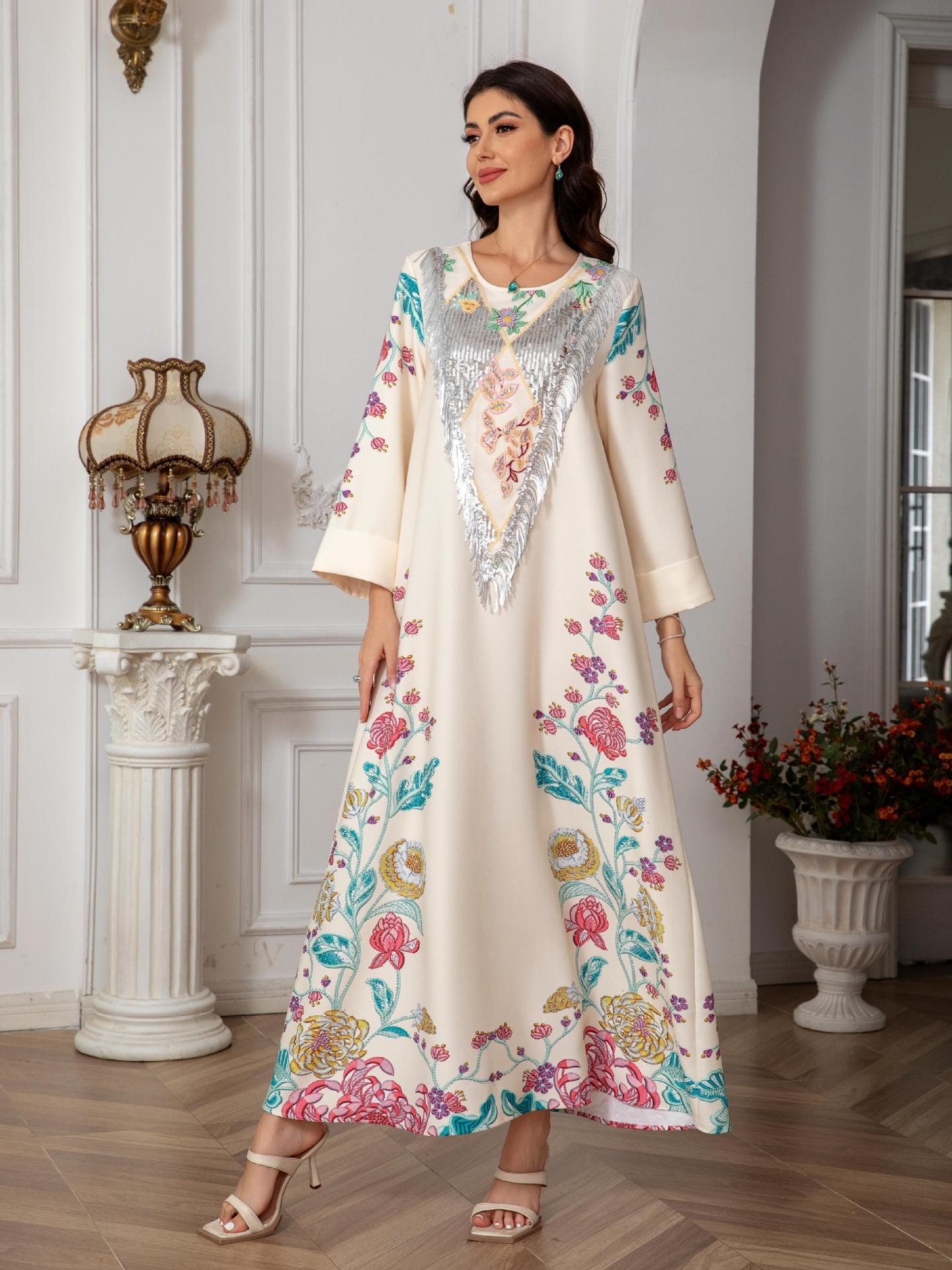 Ivory Floral Print Pullover Abaya - All-Over Stretch Modest Maxi Dress