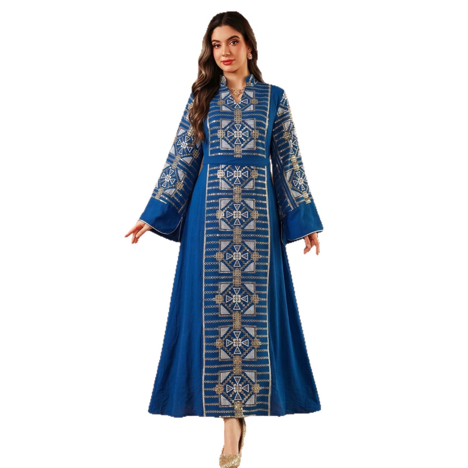 Gold Thread Sequin Embroidered Luxury Gown Jalabiya Modest Long Maxi Evening Dress for Muslim Women Eid Ramadan S-XXL