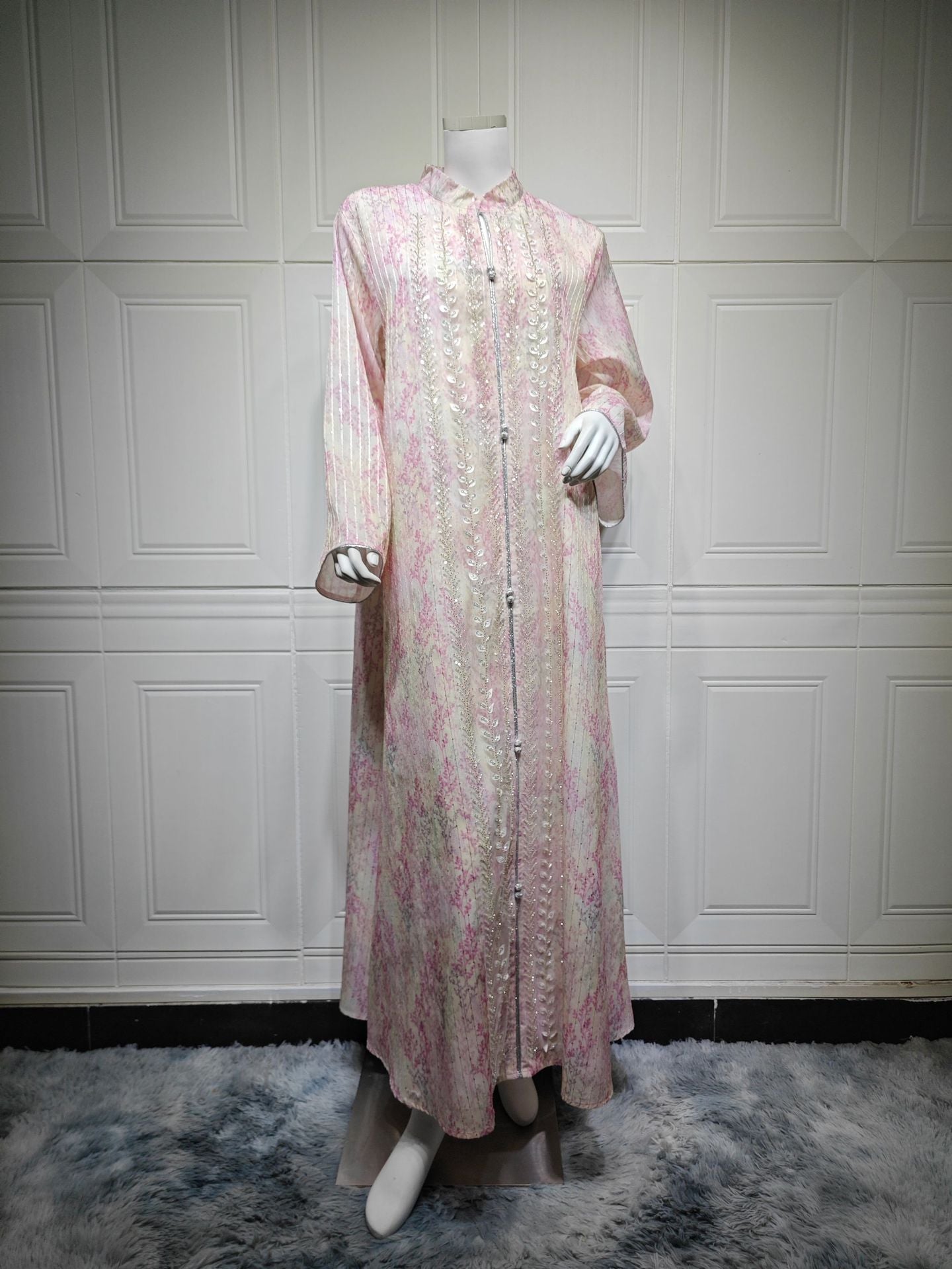 Women Stand Collar Zip Front Abaya Watercolor Gradient Print Sequined Long Kaftan Dress 2 Colors Light Shimmer Fabric For Ramadan Banquet Wedding