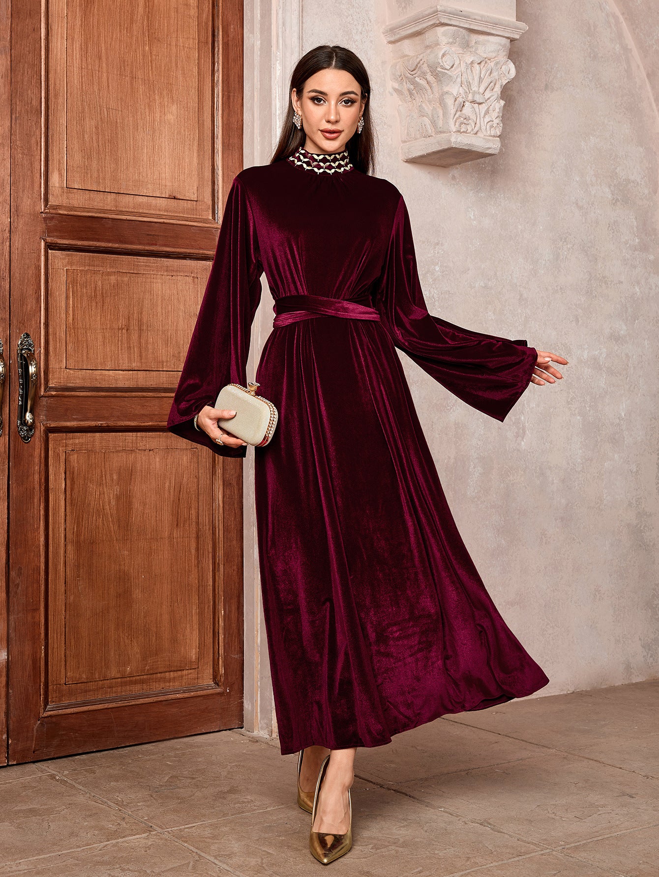 Embroidered Flare Sleeve Kaftan Dress with Belt Zipper Front Modest Long Maxi Jalabiya for Muslim Women Eid Daily Wear S-XL