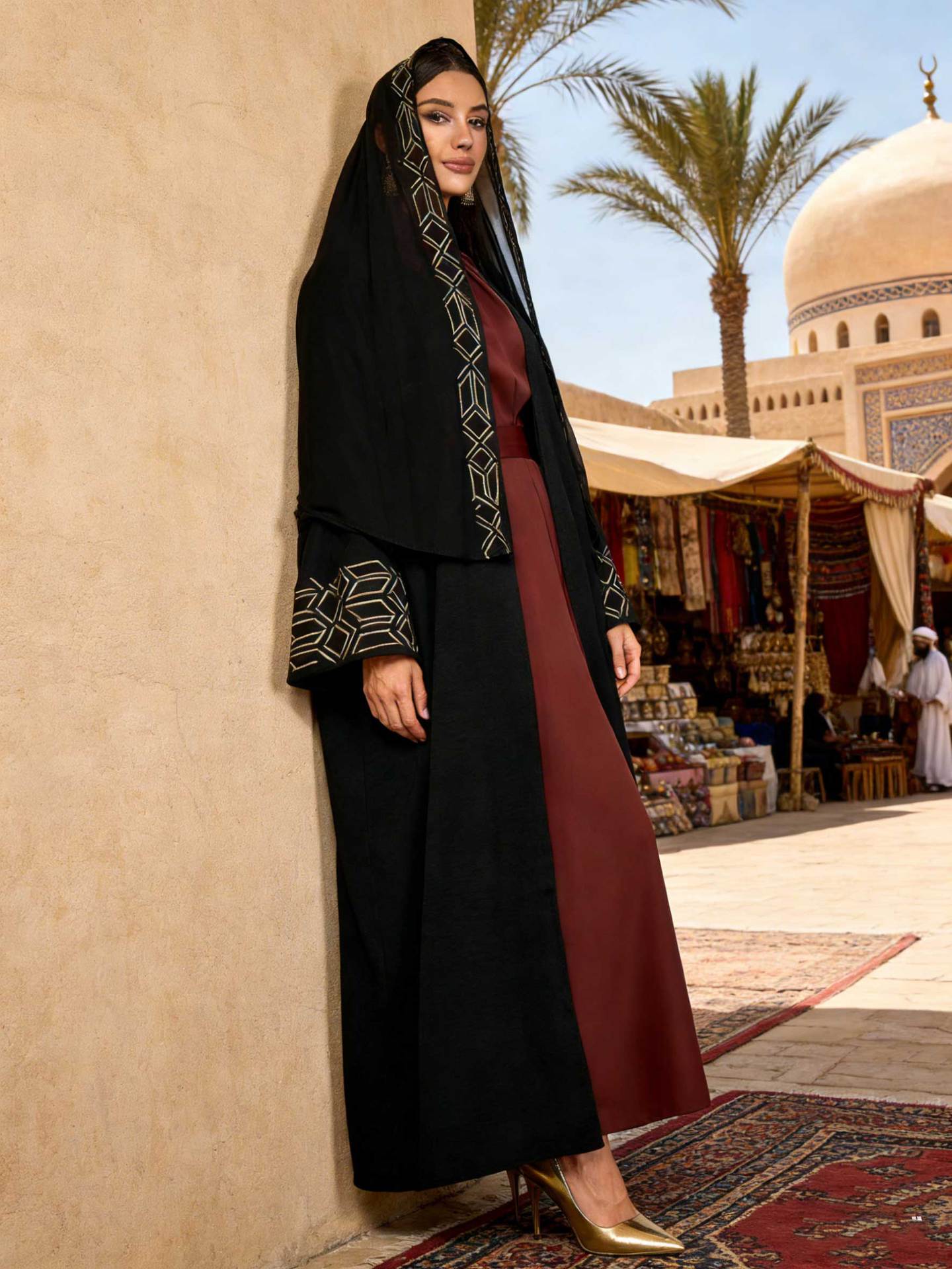 Black Embroidered Open Outerwear Maxi Abaya Dress with Hijab Two-Piece Set - Free Size