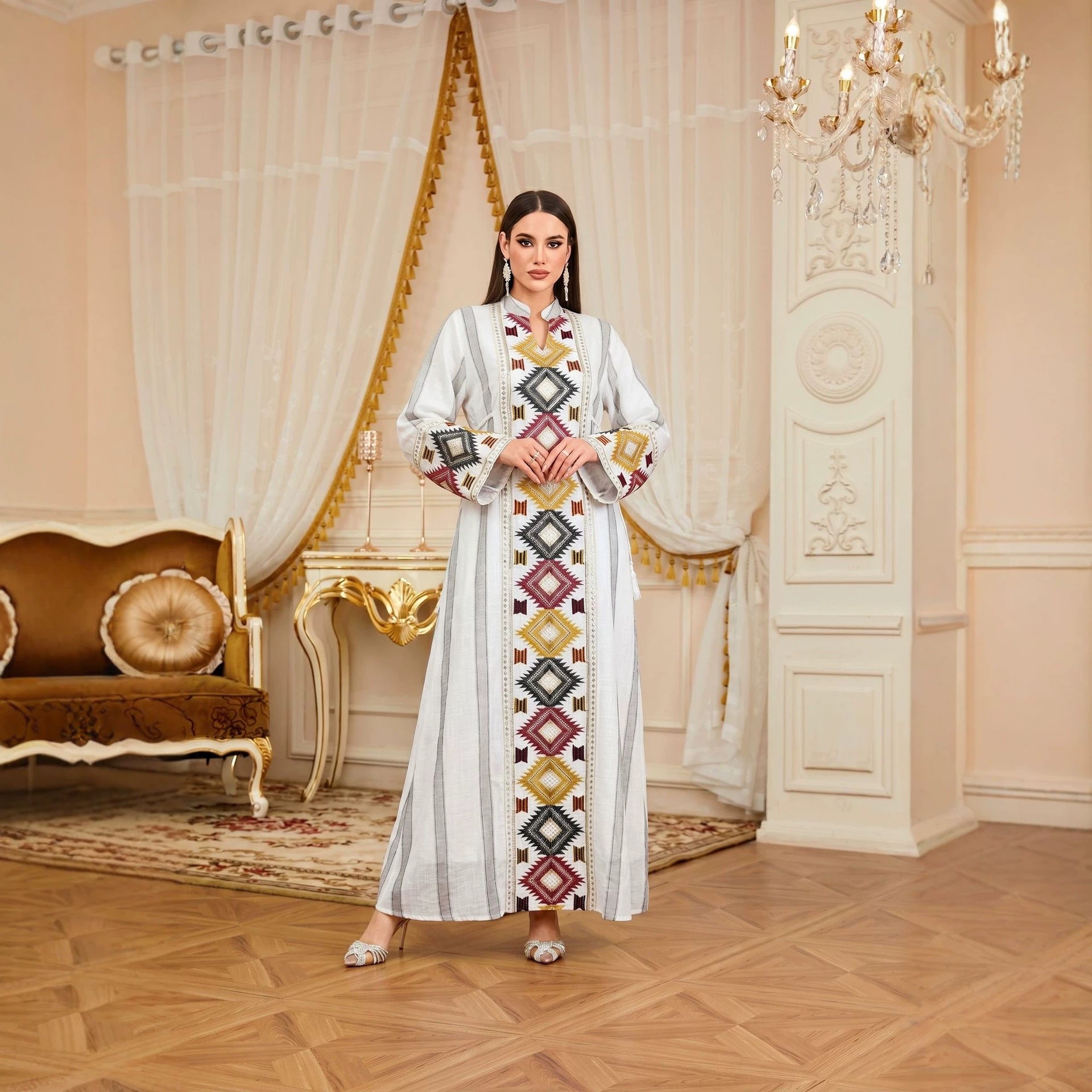 Embroidered Striped Patchwork Belted Gown Jalabiya Modest Slimming Long Maxi Dress for Muslim Women Eid Ramadan S-XXL