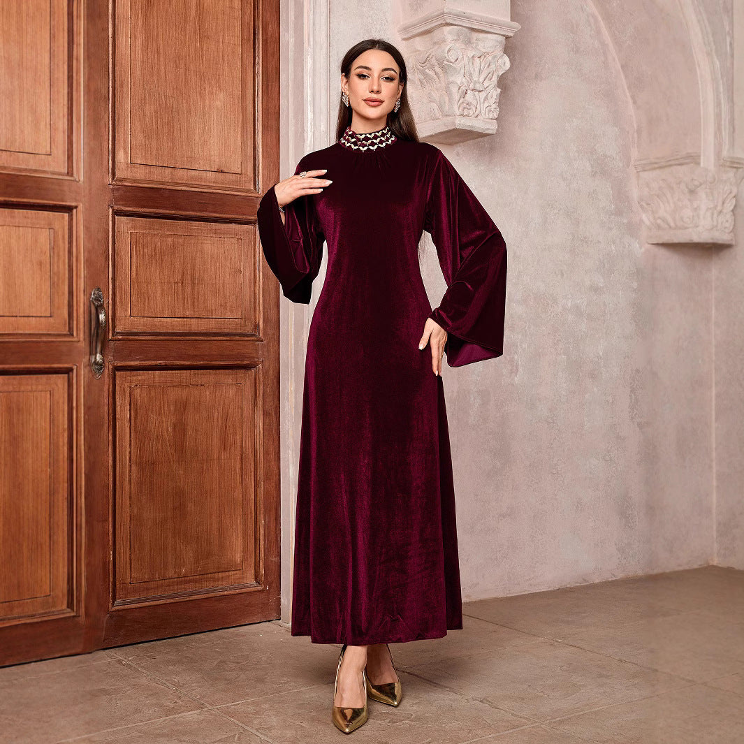 Embroidered Flare Sleeve Kaftan Dress with Belt Zipper Front Modest Long Maxi Jalabiya for Muslim Women Eid Daily Wear S-XL