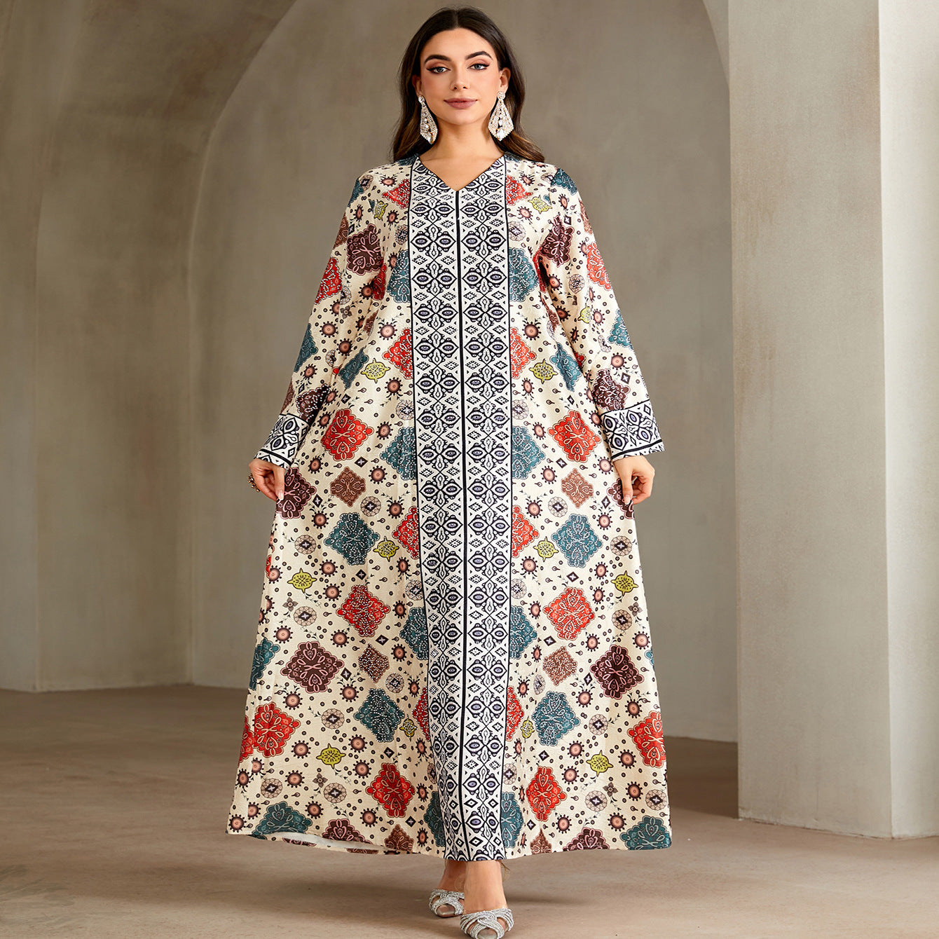 Ethnic Geometric Print Rhinestone Embellished Gown Jalabiya Modest Straight Maxi Dress for Muslim Women Eid Ramadan S-XXL