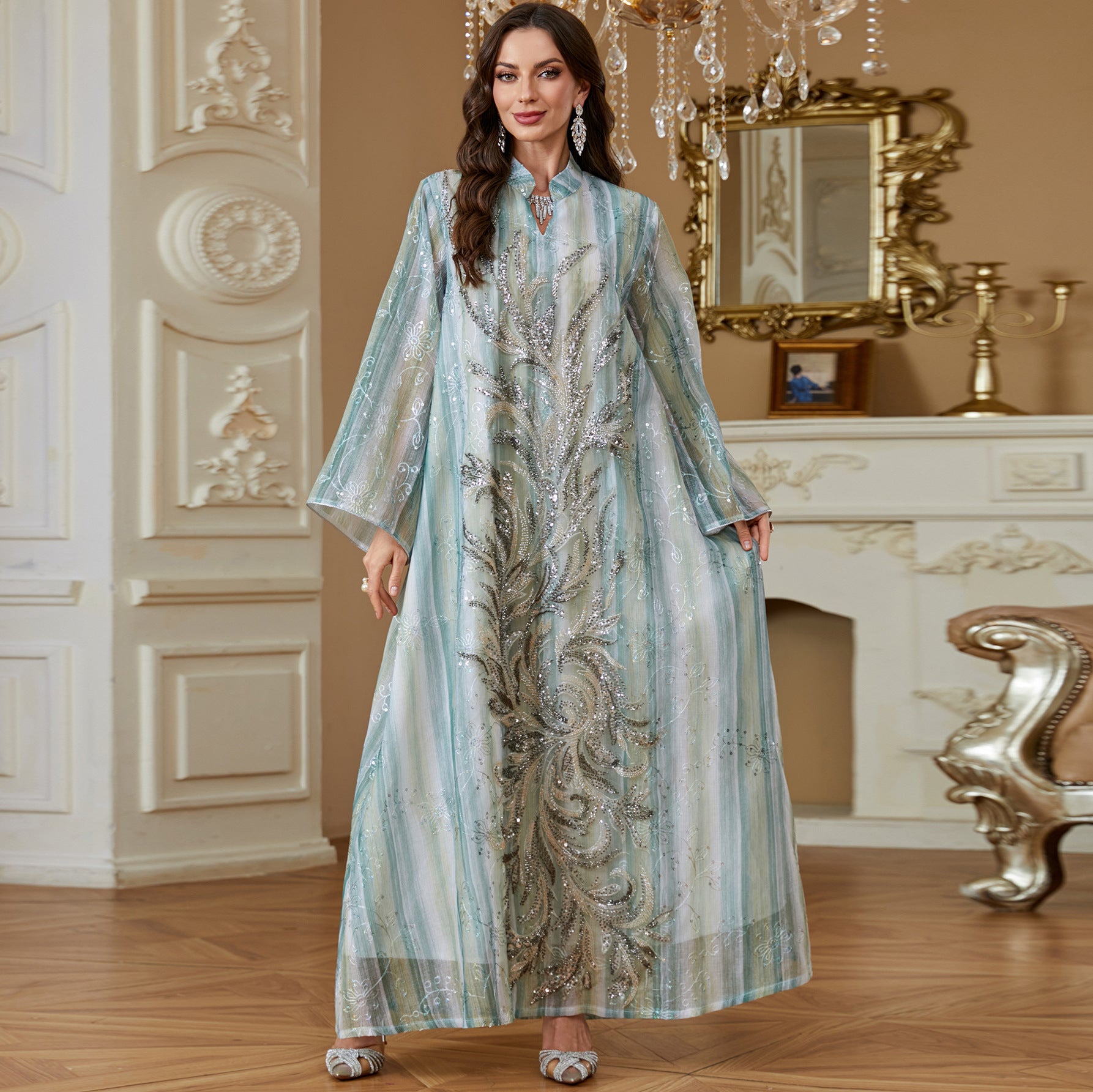 Women Stand Collar V Notch Sequin Embroidery Abaya Gradient Vertical Stripe Print Loose Wide Sleeve Maxi Kaftan Lightweight Formal Modest Dress For Ramadan Wedding Party
