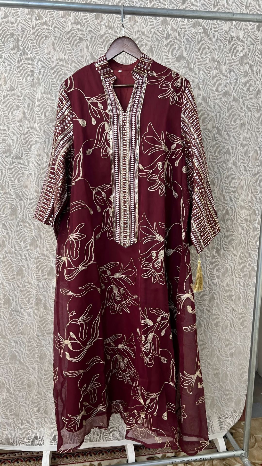 Sage Green Nude Burgundy 3 Tone Embroidered Muslim Maxi Dress Sequin Sleeve Flowy Chiffon Ramadan Vacation Robe