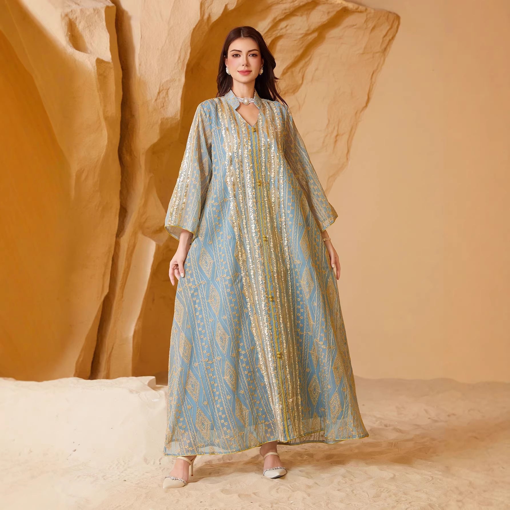 Graceful Two-Tone Sequin Beaded Maxi Abaya Gown Muslim Eid Ramadan