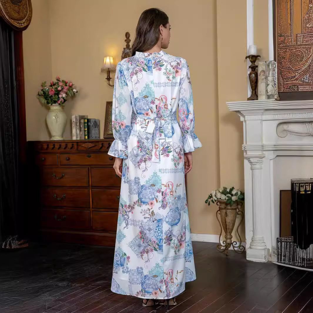 Sky Blue Slim Fit Abaya - Printed Modest Long Dress for Women