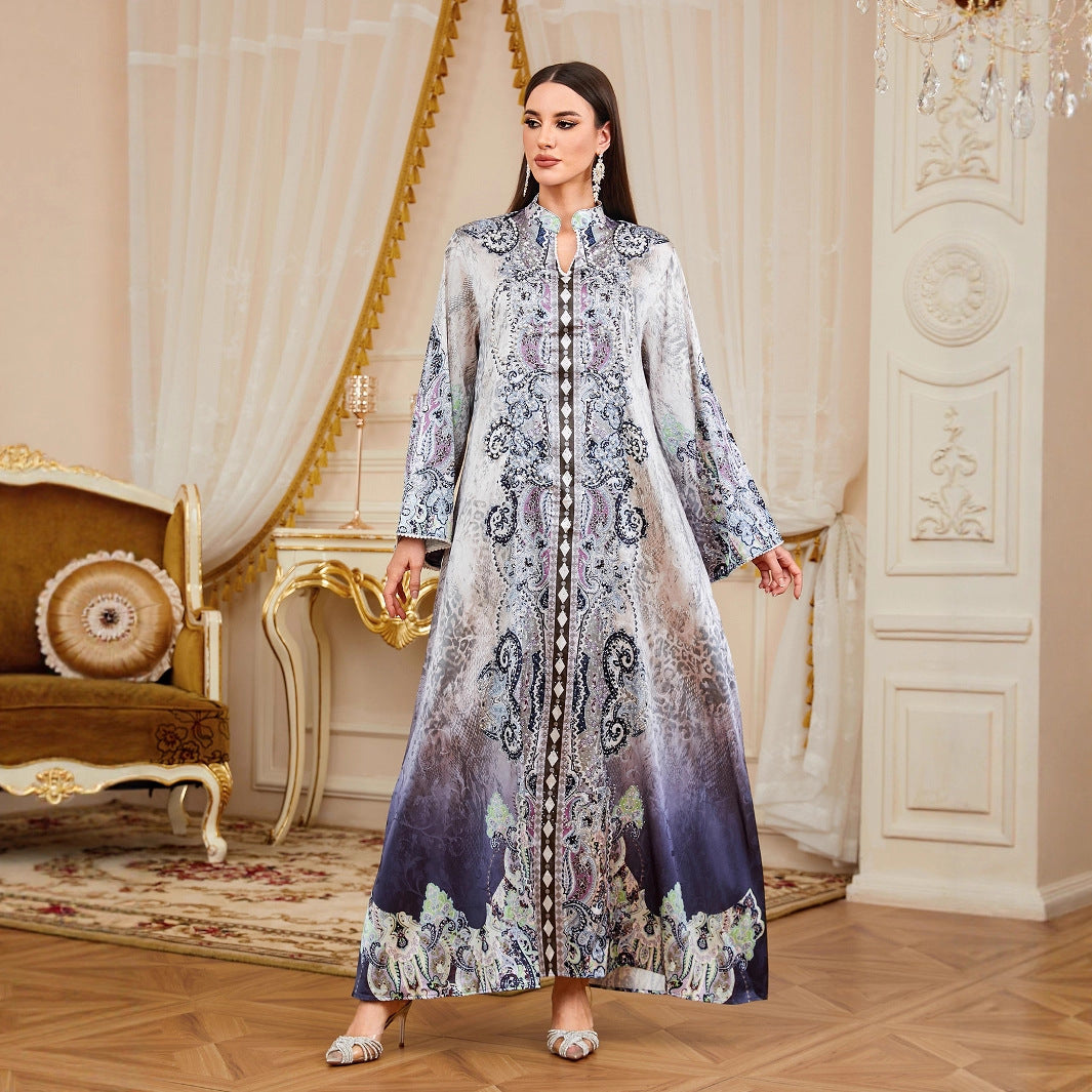 Rhinestone Beaded Floral Print Gown Jalabiya Modest Loose Long Maxi Evening Dress for Muslim Women Eid Ramadan S-XXL